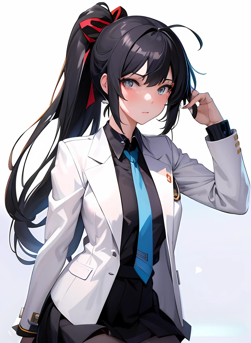 Anime girl with long black hair in white jacket and blue tie, anime moe art style, Official Character Art, yandere. tall, Smooth Anime CG Art, with white coat, Ilya Kuvshinov with long hair, from arknights, painted in anime painter studio, JK Uniform, guweiz on pixiv artstation, Kantai Collection Style