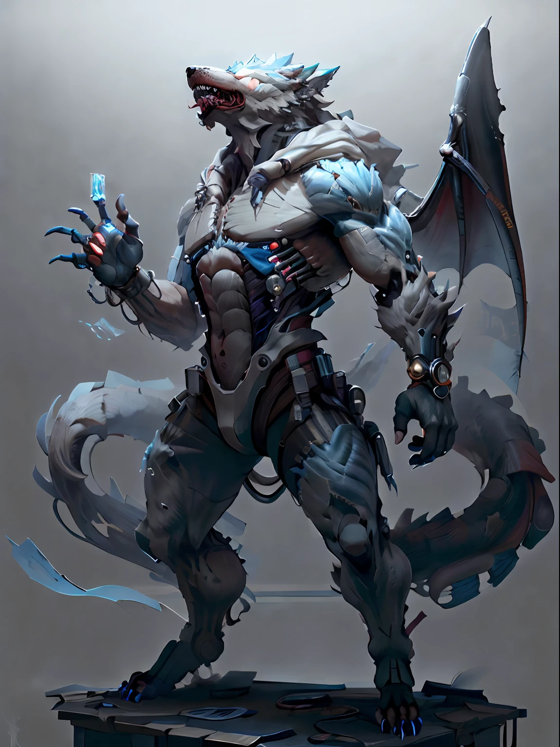 Artificial intelligence werewolf,Full body like,Side Body,Turn Back,Furry werewolves,A pair of dragon wings,Black shorts,Whole body body body body fluids,Black skin,Chemical and biological weapons,blue stripe,sharp talons,Lower body outflow fluid,standing on your feet,drools,In the middle of the island,Stick out her tongue,Lick the skin,Master the magic,Ice on your hands,adolable,ssmile,Handsome,big wolf tail
