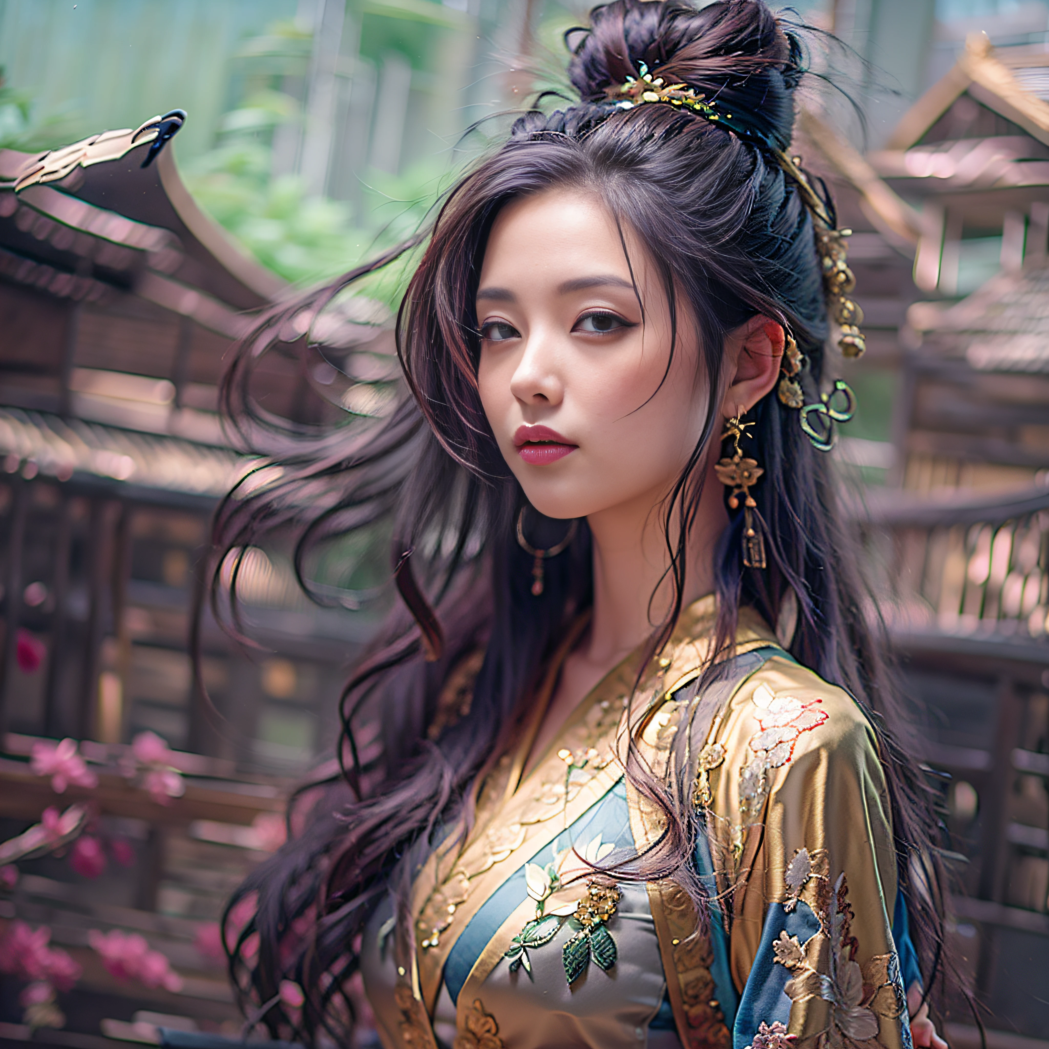 ighly detailed,tmasterpiece,Hyper High Detail,Beautiful and cool girls,Finger of details、Eye for detail、More skin、More hair、Face of Details、realisitic、dynamic angle,World Mastery Theater,Long messy hair,best qualtiy,highly detailed back ground、Old buildings in China、inky,astounding,电影灯光,Lens Flare Glow,ighly detailed,tmasterpiece,Hyper High Detail,8K、realisitic、Hair that flutters in the wind、Clothes fluttering in the wind、Costumes fluttering in the wind、Full body composition