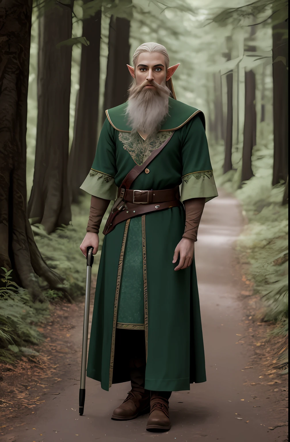 On the road stood a man dressed in green，On crutches，（（ portrait of an elf,）） fantasy character photo,portrait of a slender elven man,（（ Long-bearded elf））,  Male elves, character photography, portrait of an elf, portrait of a forest mage, inspired by the senior character artist, a male elf, The wood elves, matte painting portrait shot