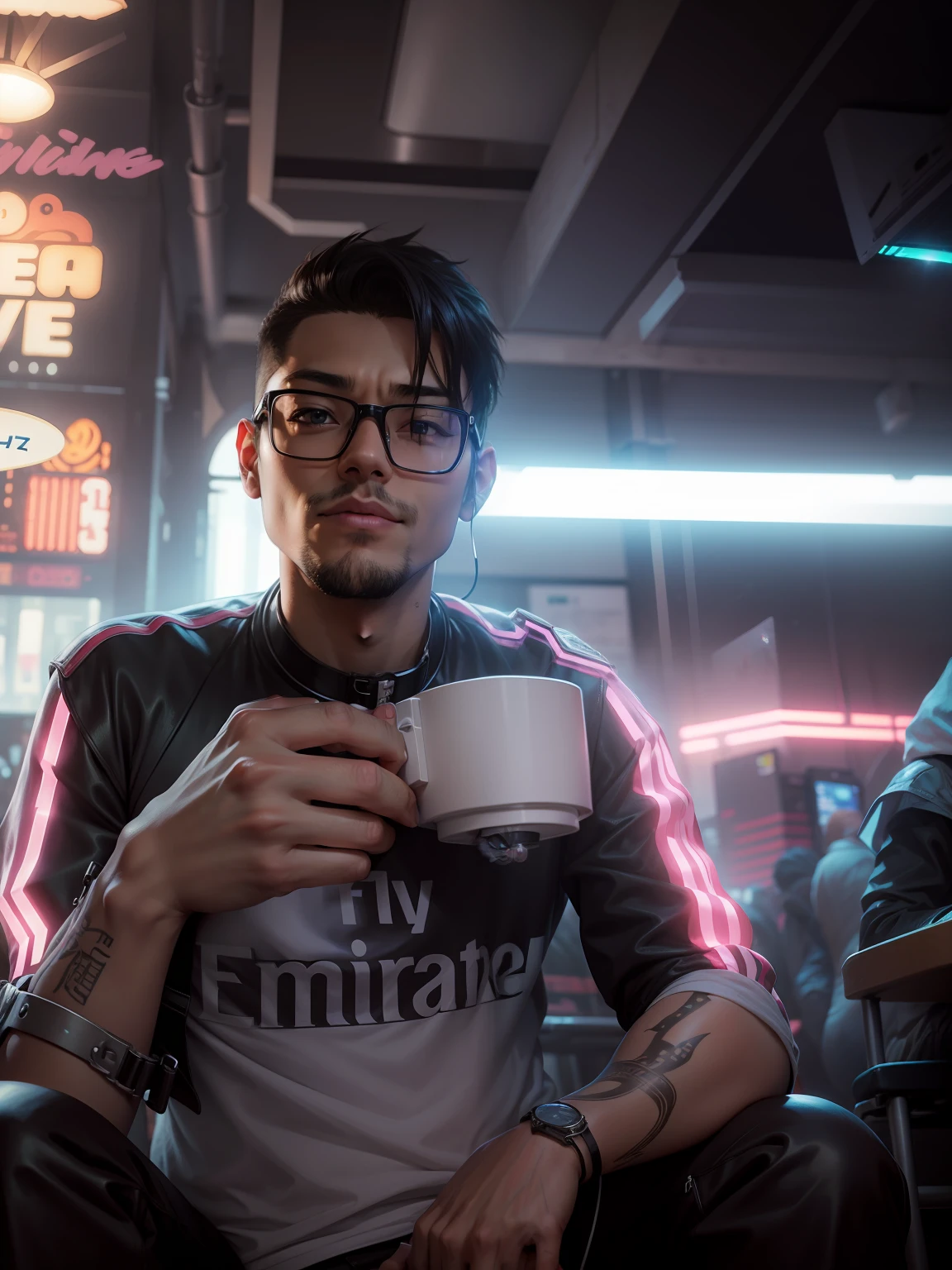 Change image to realistic Anime charcter with cyberpunk light and cute cat sitting on shoulder