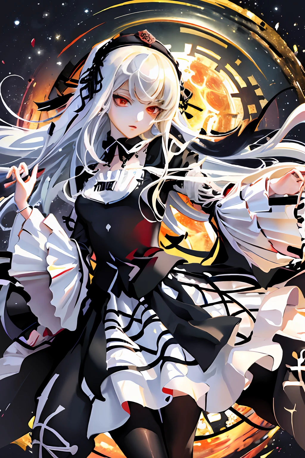 (masterpiece, top quality, best quality, official art, beautiful and aesthetic:1.2), (1girl:1.3), (fractal art:1.3),
solo,sui1, suigintou, red eyes, long hair, gothic dress, white hair, rose hair ornament, long sleeves, gothic hairband, ribbon, black dress, black wings, command spell, black magic,