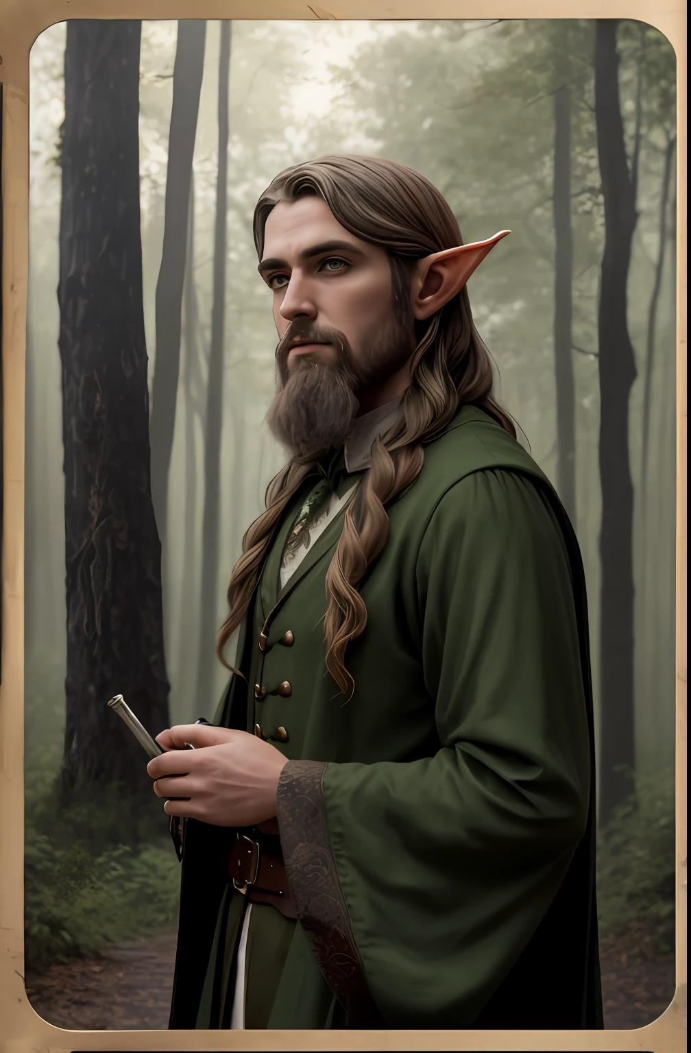 On the road stood a man dressed in green，On crutches，（（ portrait of an elf,）） fantasy character photo,portrait of a slender elven man,（（ Long-bearded elf））,  Male elves, character photography, portrait of an elf, portrait of a forest mage, inspired by the senior character artist, a male elf, The wood elves, matte painting portrait shot