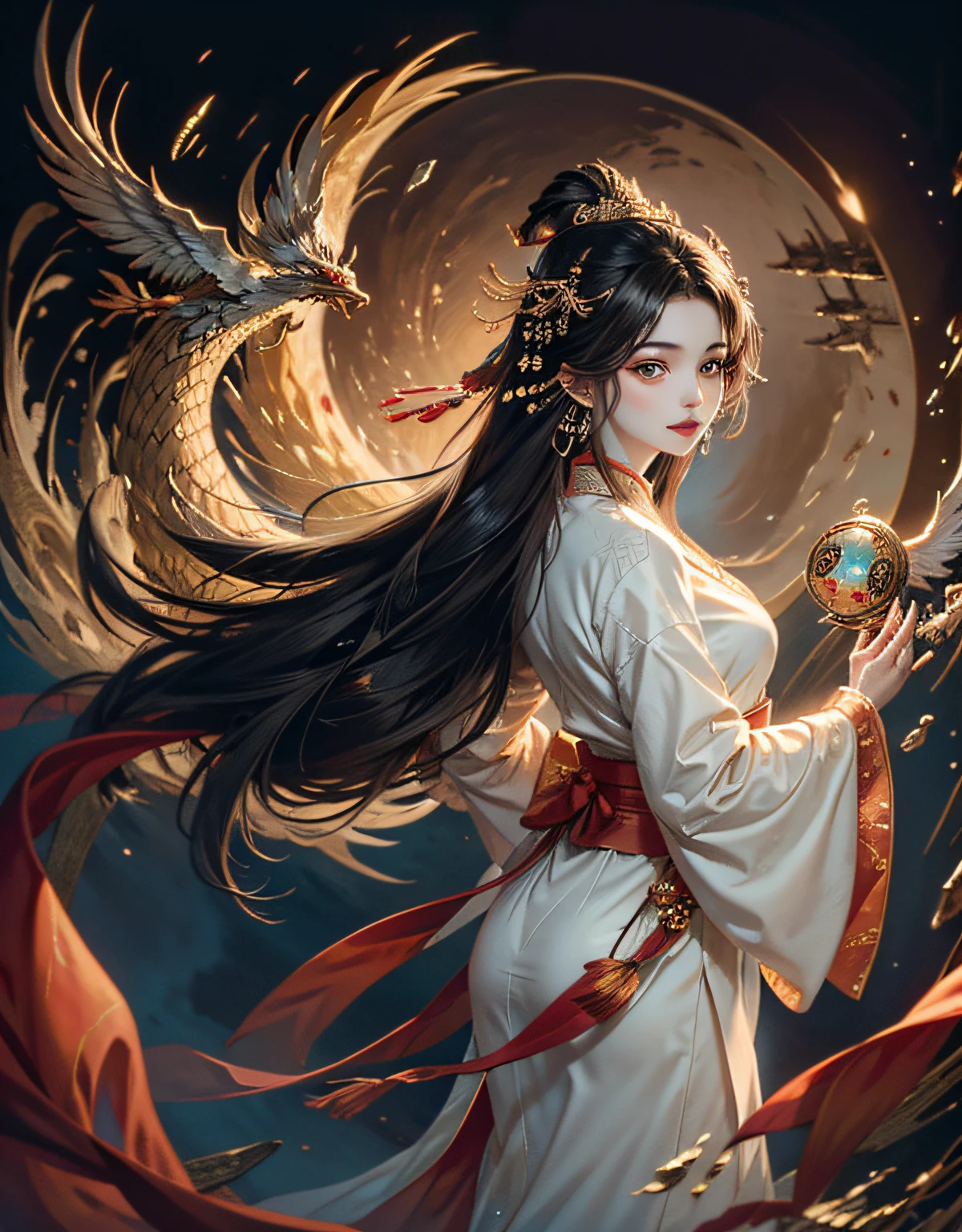 1girl. hyper sharp image, ultra detailed, best quality, a extremely beautiful Goddess, beautiful chinese actress face:1.3, The goddess has long black hair and dark eyes.
She is a goddess dressed in traditional Chinese dress and has a phoenix on her head.
Her goddess floats in the sky and holds jewels in her hands.
Dragons and phoenixes fly around her goddess.
The background is an ancient city in China.