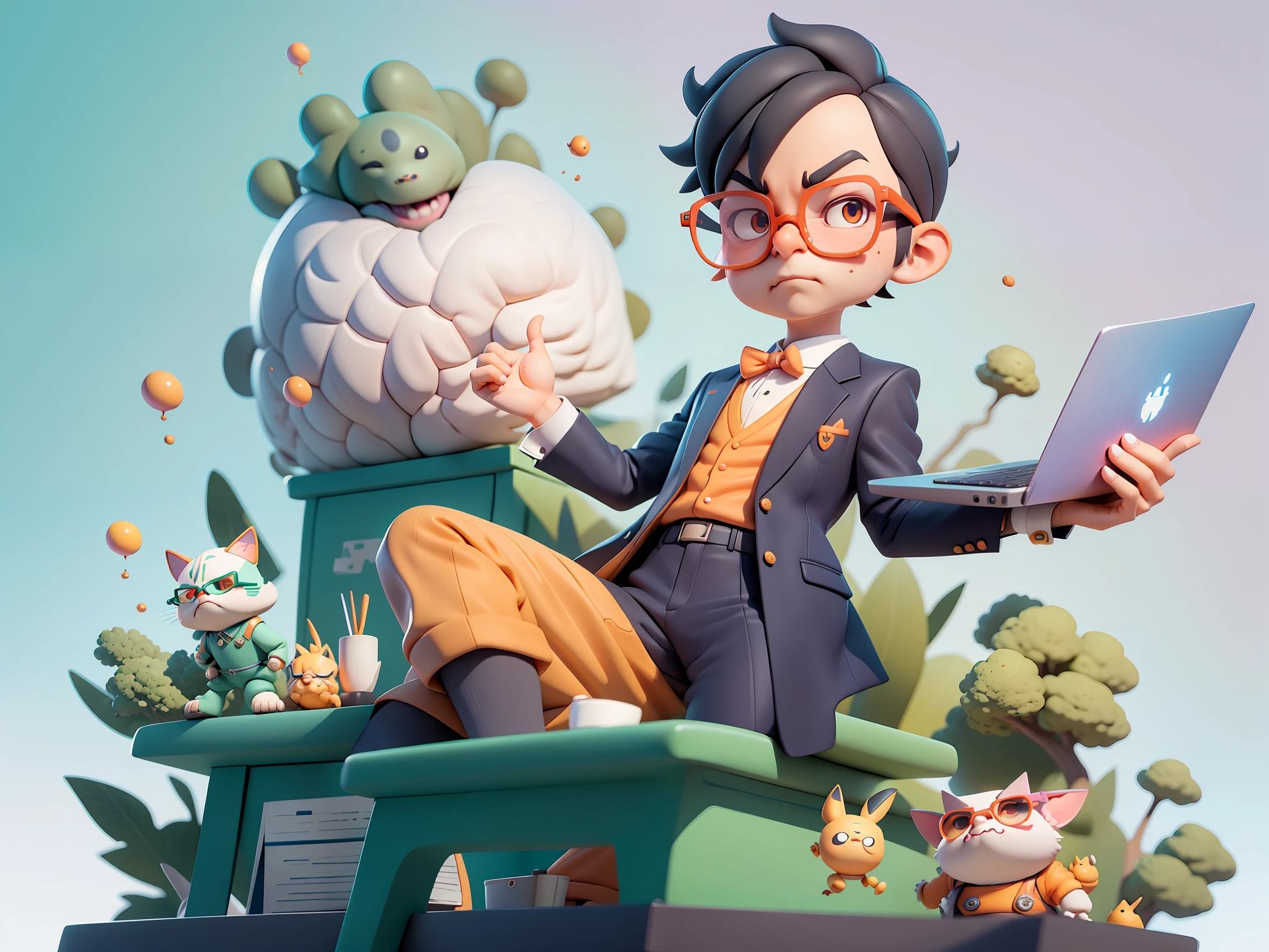 A young man in formal clothes，Short hair and glasses，Sitting at your desk，holding laptop，digitial painting，cartoonish style，4K HD illustration，Very detailed facial features，tigre，Mark Clairdon，by Pixar，3D character design：Hayao Miyazaki and Akira Toriyama, Cartoon-style visuals。