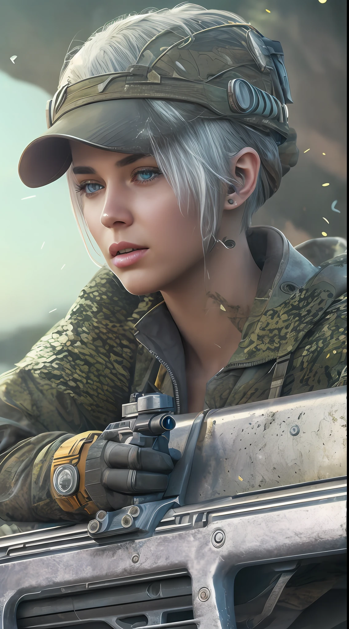 beautiful sniper girl, on the jeep, silver hair, best photo shot, realistic, full body, very short hair, Conceptual art, Action painting, sparkle, UHD, textured skin, masterpiece, anatomically correct, best quality, 8k