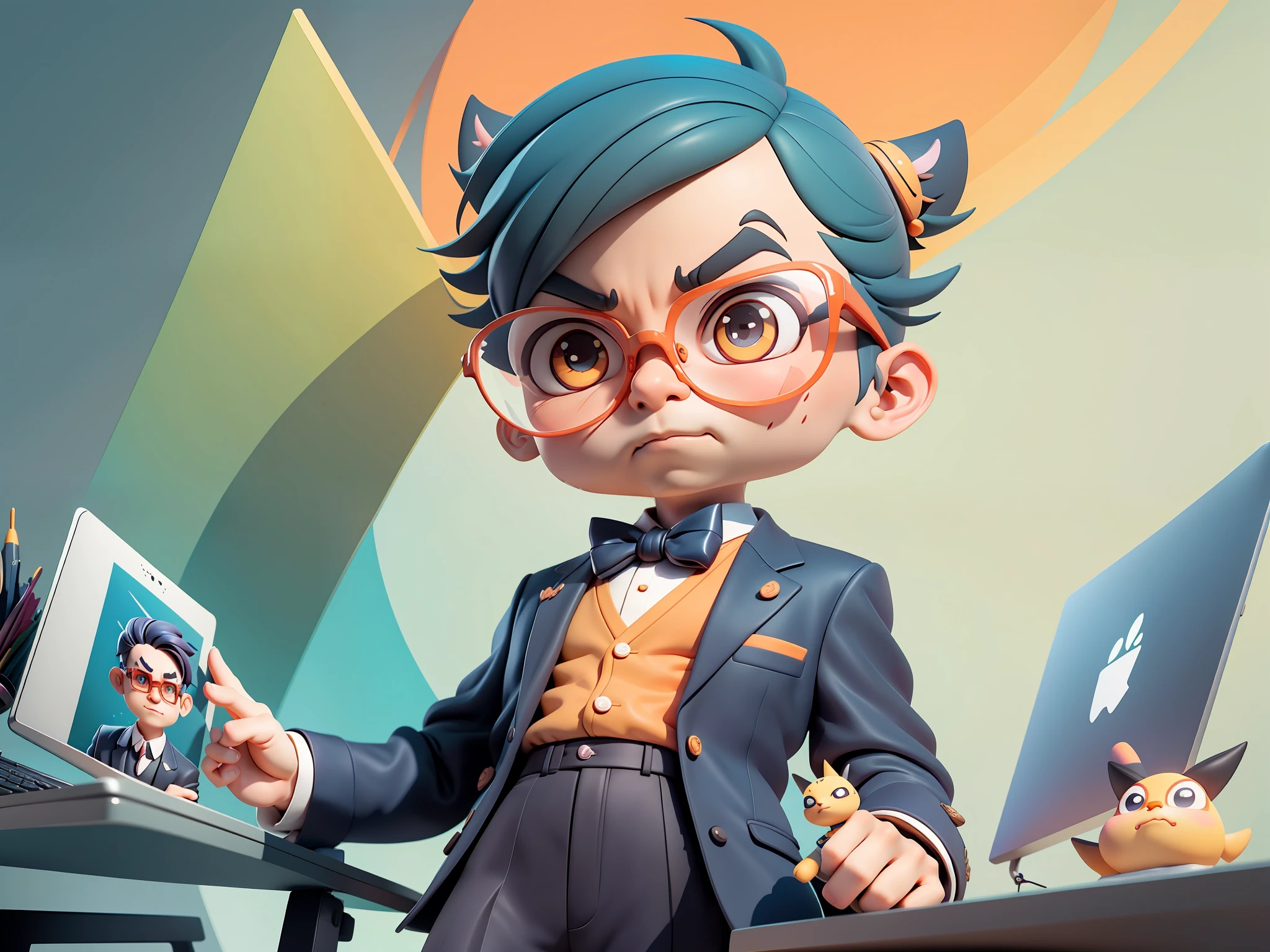 A young man in formal clothes，Short hair and glasses，Sitting at your desk，holding laptop，digitial painting，cartoonish style，4K HD illustration，Very detailed facial features，tigre，Mark Clairdon，by Pixar，3D character design：Hayao Miyazaki and Akira Toriyama, Cartoon-style visuals。