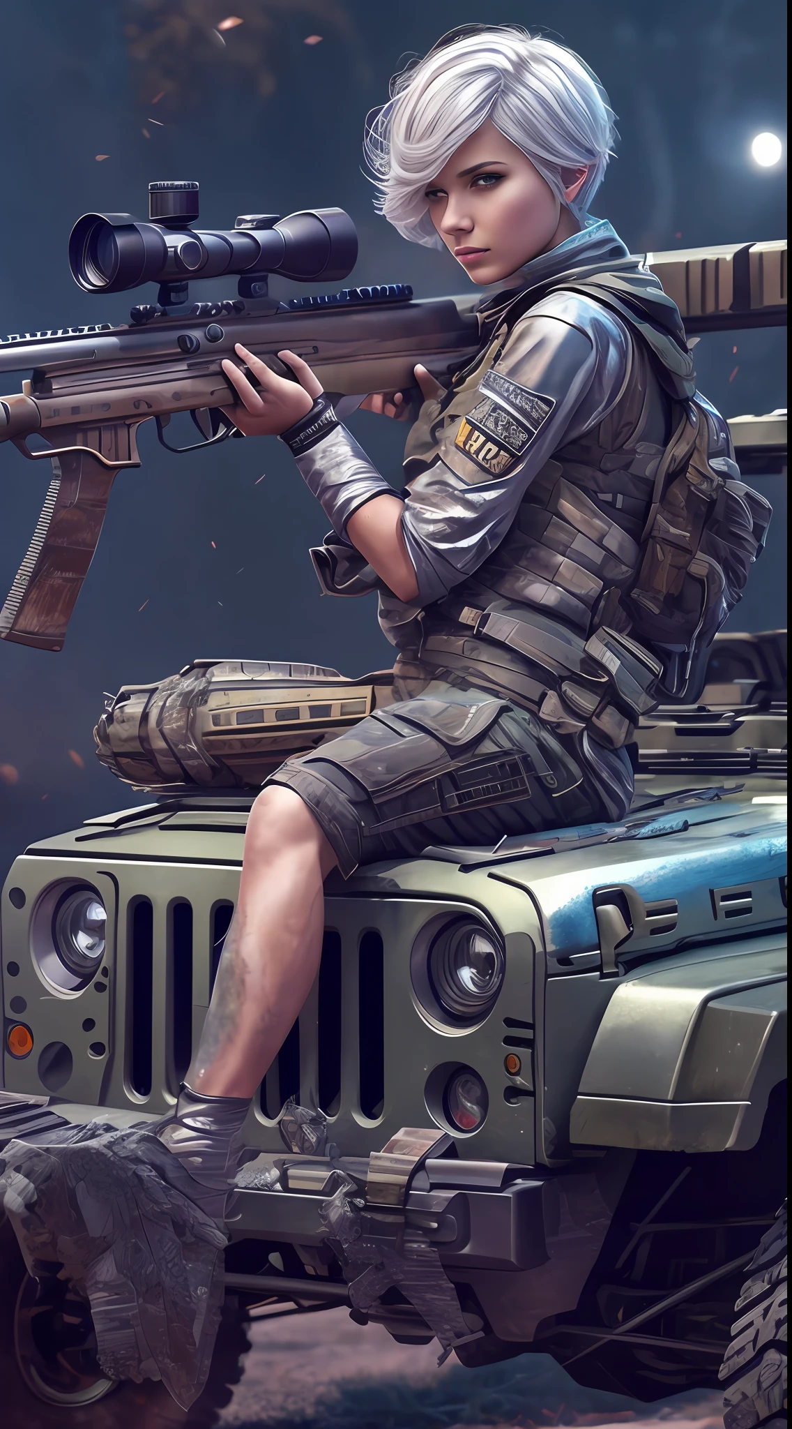 beautiful sniper girl, on the jeep, silver hair, best photo shot, realistic, full body, very short hair, Conceptual art, Action painting, sparkle, UHD, textured skin, masterpiece, anatomically correct, best quality, 8k