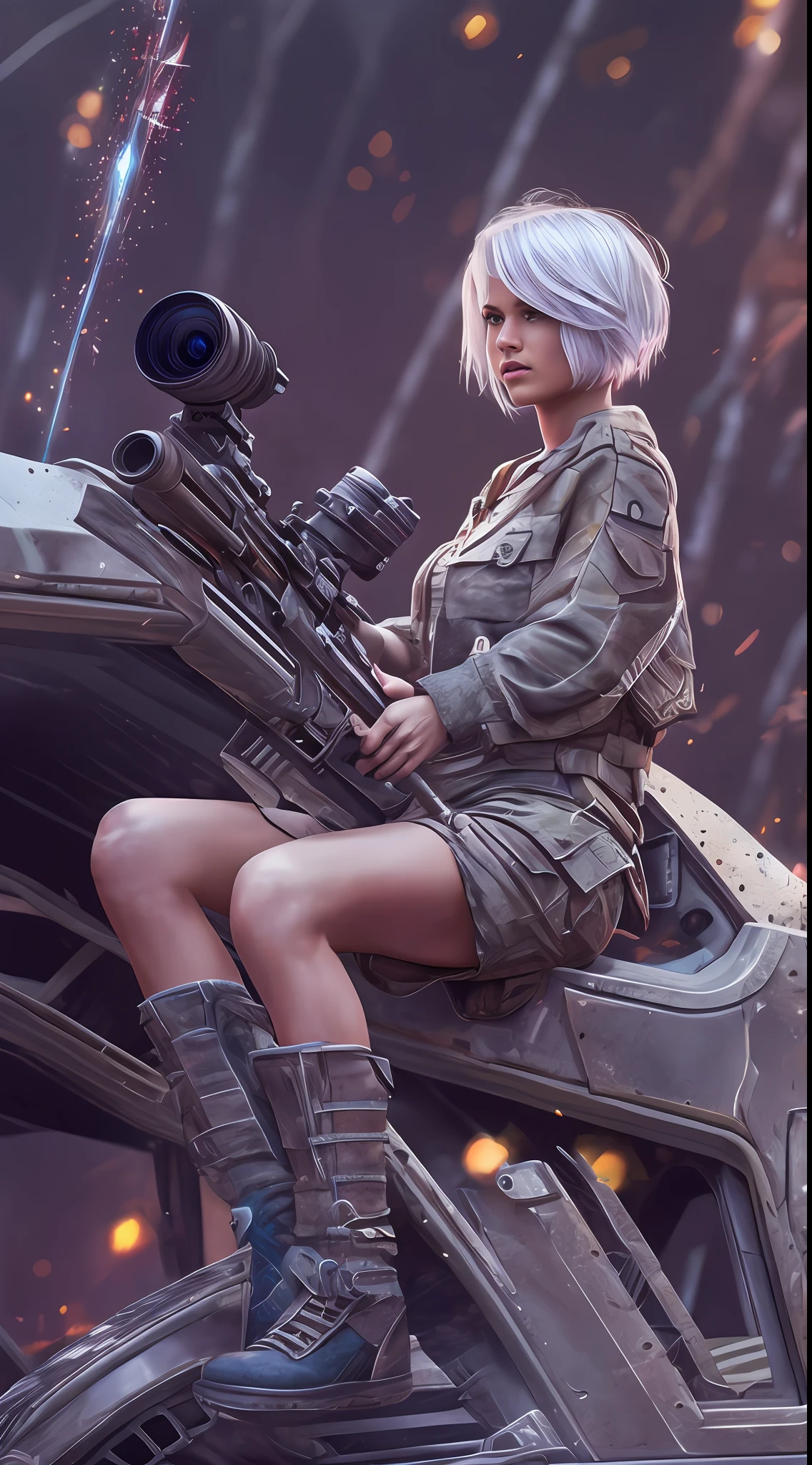 beautiful sniper girl, on the jeep, silver hair, best photo shot, realistic, full body, very short hair, Conceptual art, Action painting, sparkle, UHD, textured skin, masterpiece, anatomically correct, best quality, 8k