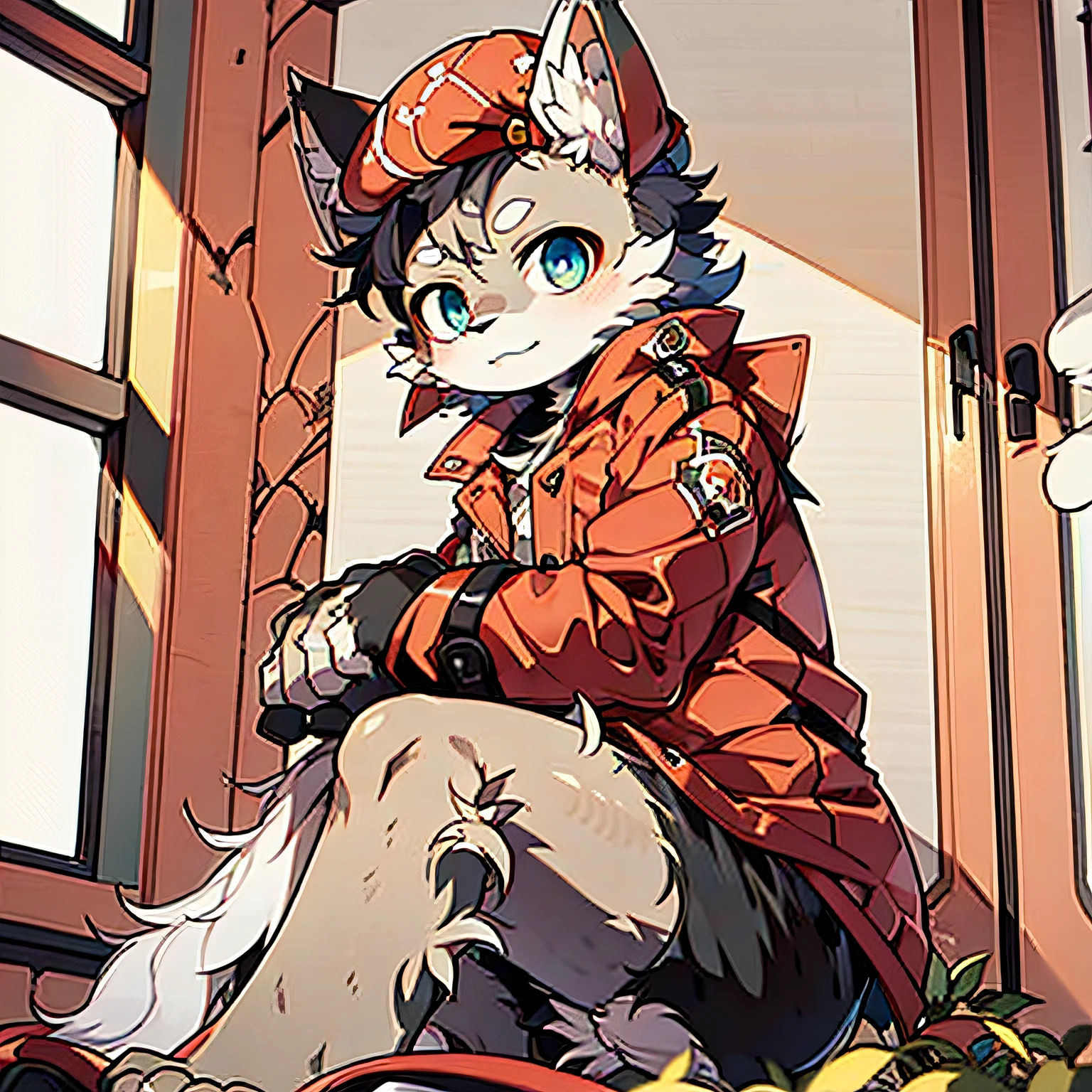 furry，catss，Gray fur，Red-blue eyes，wearing a trenchcoat，Wearing a berets，sitting in a room，Natural light，detailedbackground，Yellow meat pad