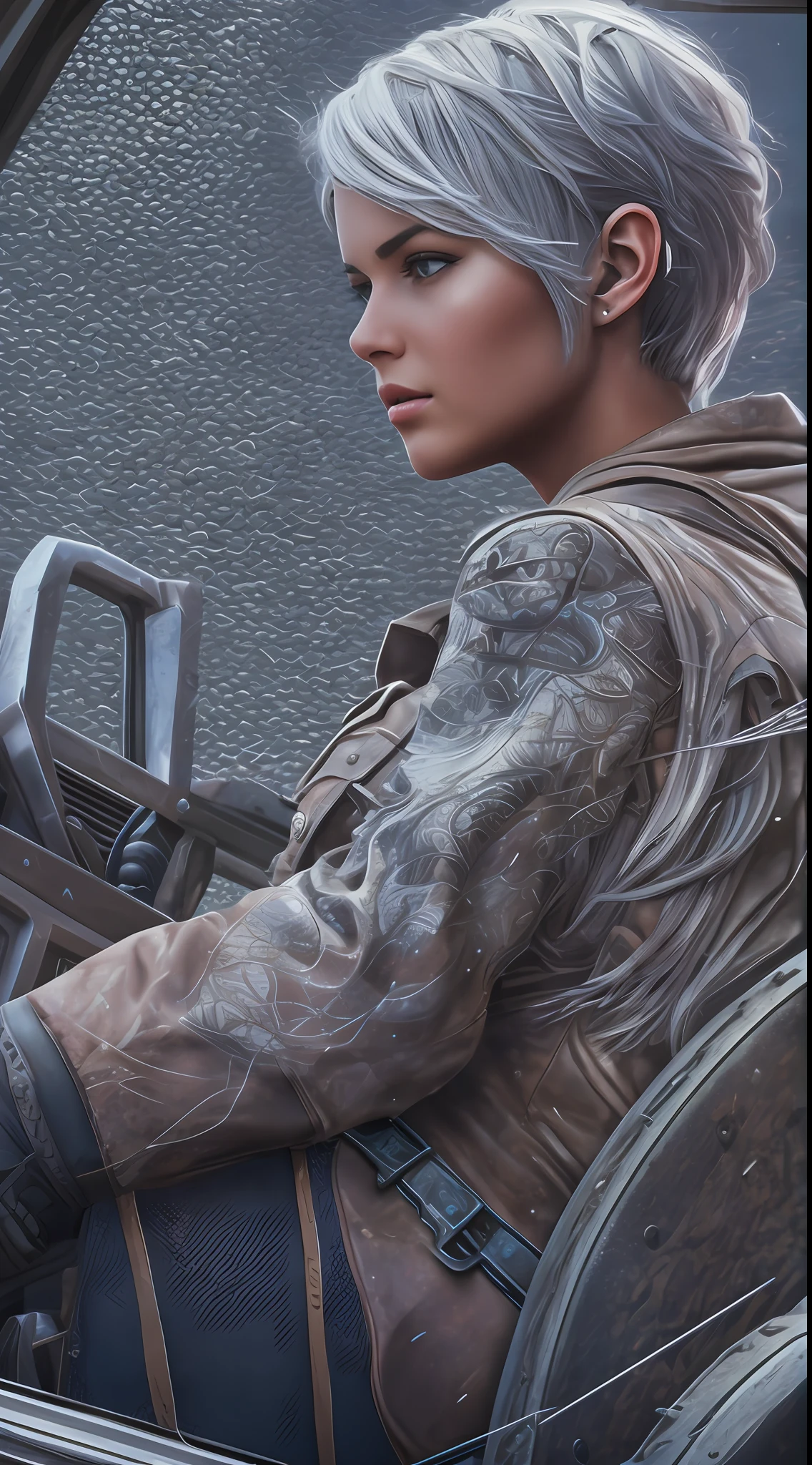 beautiful sniper girl, on the jeep, silver hair, best photo shot, realistic, full body, very short hair, Conceptual art, Action painting, sparkle, UHD, textured skin, masterpiece, anatomically correct, best quality, 8k