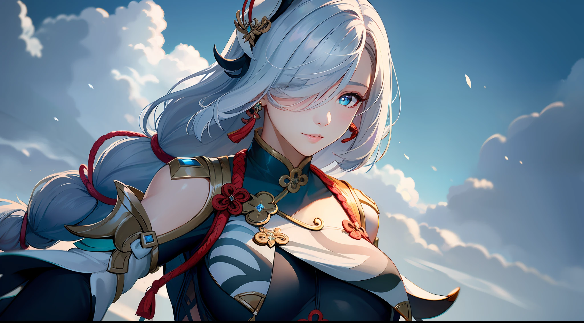 shenhedef, upper body, seductive look, blush, outdoors, snowflake scenery, looking at viewer, cloudy, moody lighting, (perfect detail eyes:1.2), glowing eyes, (long hair one braid:1.2), elemental skill effect, (Masterpiece, Best Quality, High Quality:1.4), professional artwork, Intricate Details, field of view, sharp focus, detailed painting, photorealistic lighting, trending on pixiv, (vivid lighting, vibrant colors:1.05), realistic shadows, ambient occlusion, (athletic body:1.3), mature woman, 30yo,