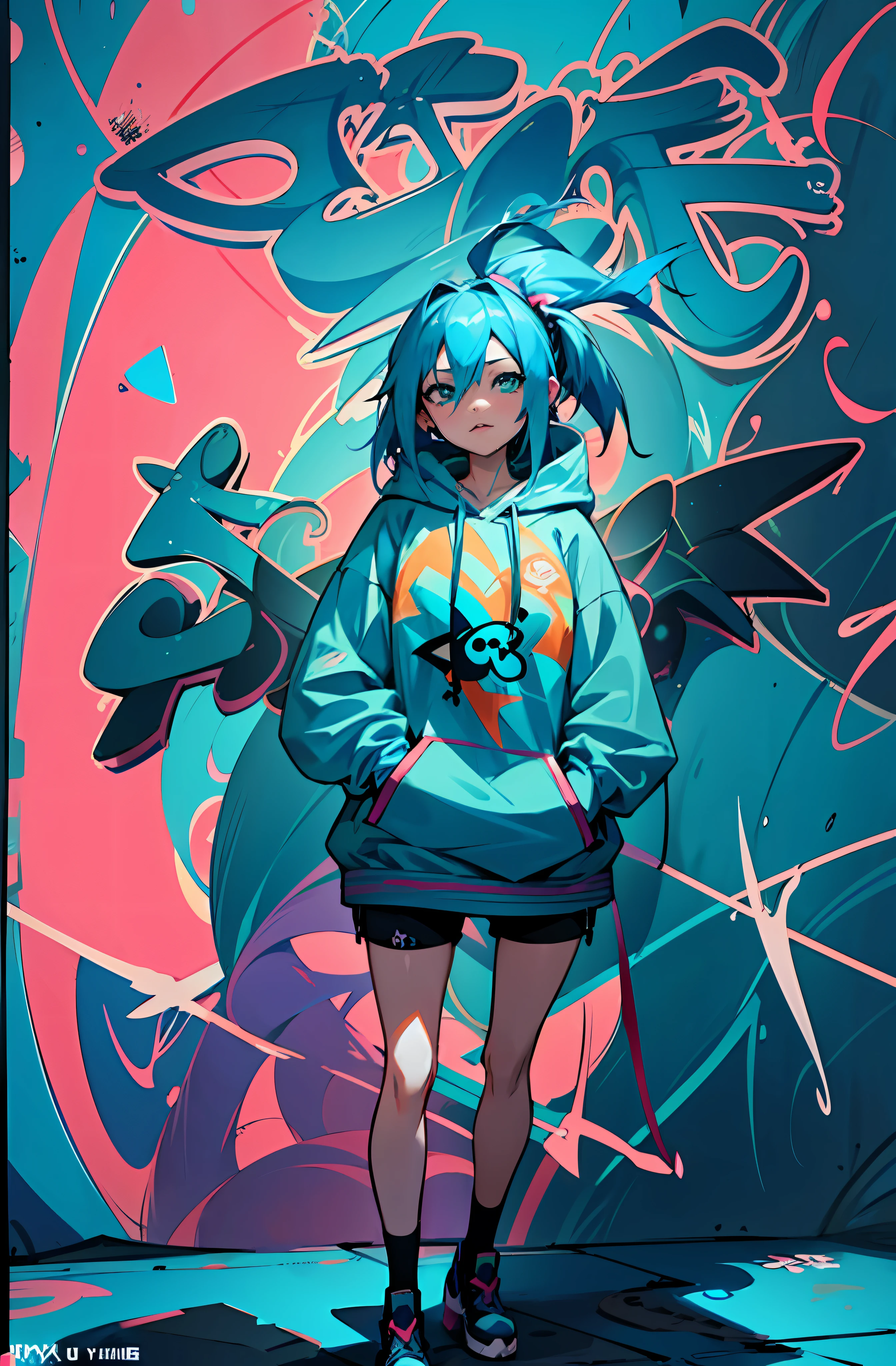 Alafed image of blue-haired and hoodie woman standing in front of graffiti wall, an anime drawing by Yuumei, trending on pixiv, Graffiti, anime art wallpaper 4k, anime art wallpaper 4k, Anime art wallpaper 8k, anime style 4 k, Anime girl with teal hair, 4 k manga wallpaper, anime wallpaper 4k