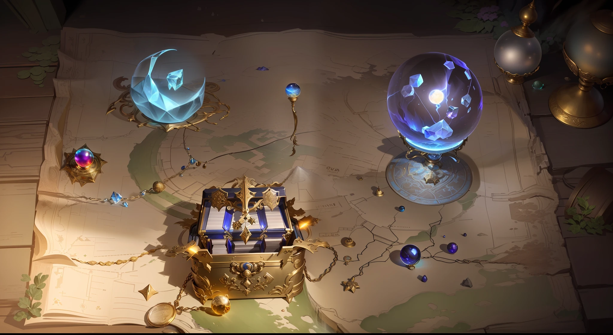 There are maps，There is a treasure chest on it, Gold coins are scattered next to the chest, Crystal stone in the shape of the moon, mana flowing around it, Clear crystal ball，steam workshop maps, Magical items, treasure artifact, concept art magical highlight, orb of agamento, magic laboratory setting, inside a magical item shop, loot box, object concept art,