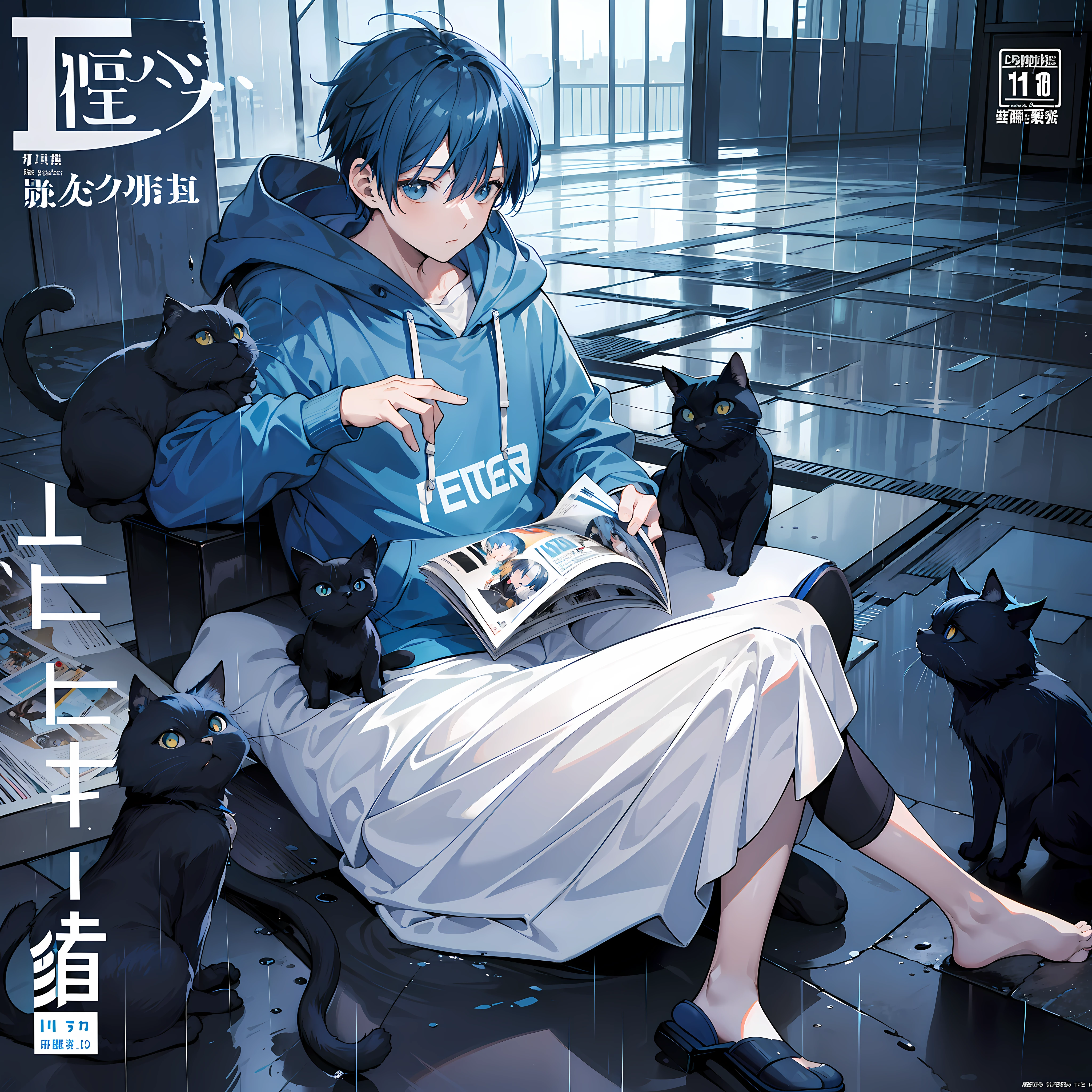 masterpiece, best quality, full body, (1boy), (blue hoodie), (Boy Messy Japanese Round Haircut for Thick Hair), (blue hair), (solo), (magazine:1.3), (cover-style:1.3), fashionable, rain, (black cat nearby)