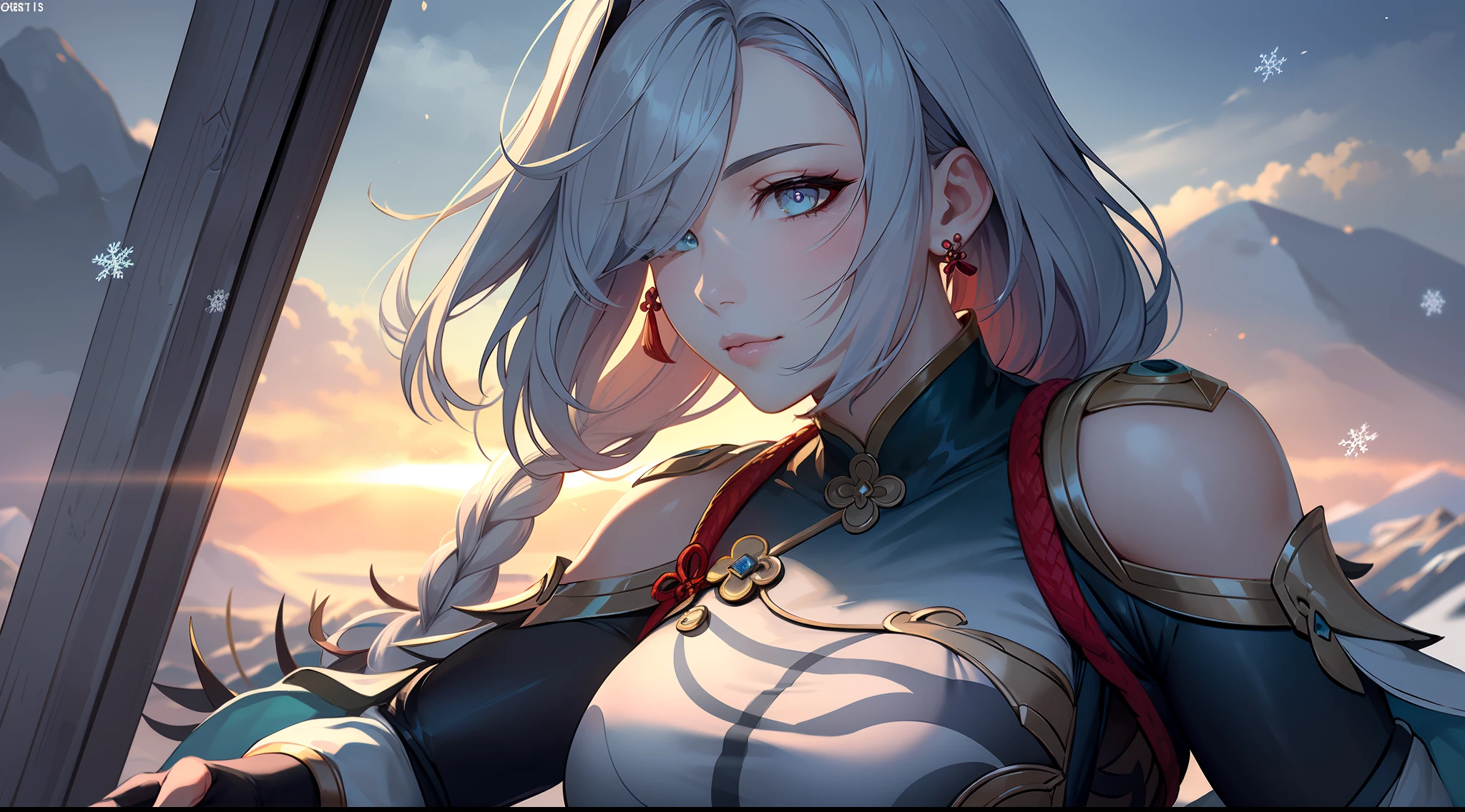 shenhedef, upper body, seductive look, blush, outdoors, snowflake scenery, looking at viewer, cloudy, moody lighting, (perfect detail eyes:1.2), glowing eyes, (long hair one braid:1.2), elemental skill effect, (Masterpiece, Best Quality, High Quality:1.4), professional artwork, Intricate Details, field of view, sharp focus, detailed painting, photorealistic lighting, trending on pixiv, (vivid lighting, vibrant colors:1.05), realistic shadows, ambient occlusion, (athletic body:1.3), mature woman, 30yo,