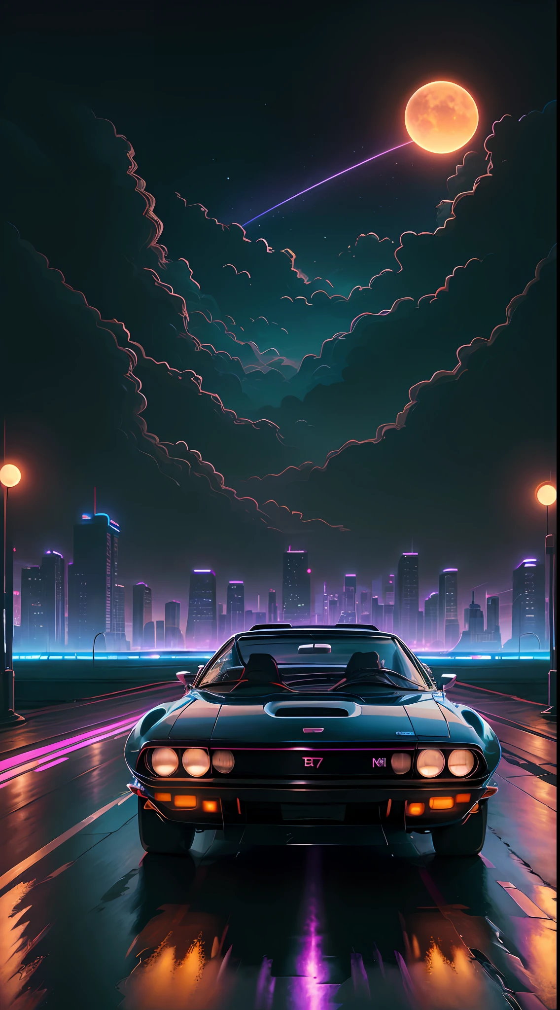 Return wave. City, 1969 Nissan S30, Wide-body kit, road, purple neon, Sun, a closeup of a
(Masterpiece, Detailed, High Resolution),