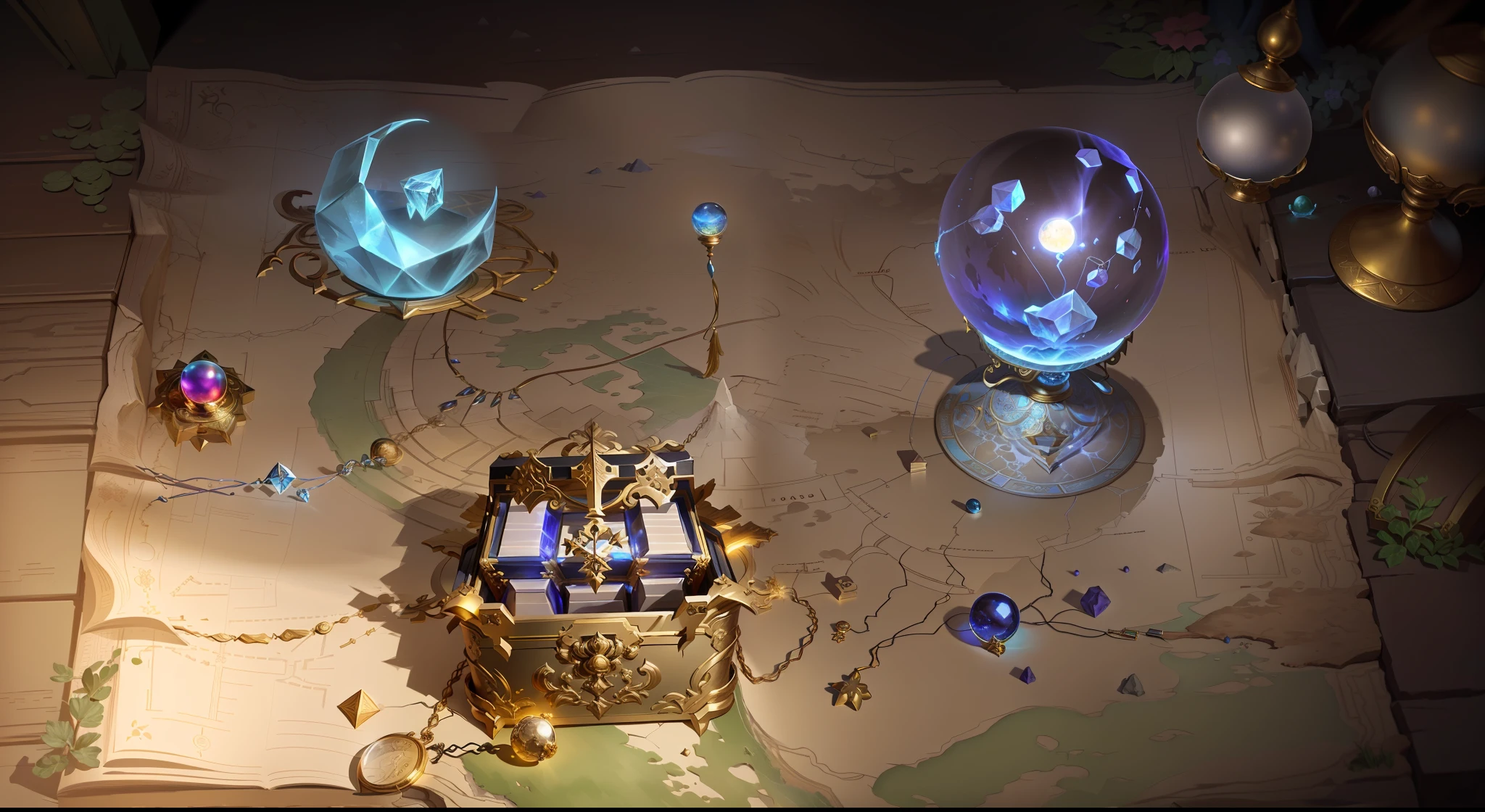 There are maps,There is a treasure chest on it, Gold coins are scattered next to the chest, Crystal stone in the shape of the moon, mana flowing around it, Clear crystal ball,steam workshop maps, Magical items, treasure artifact, concept art magical highlight, orb of agamento, magic laboratory setting, inside a magical item shop, loot box, object concept art,
