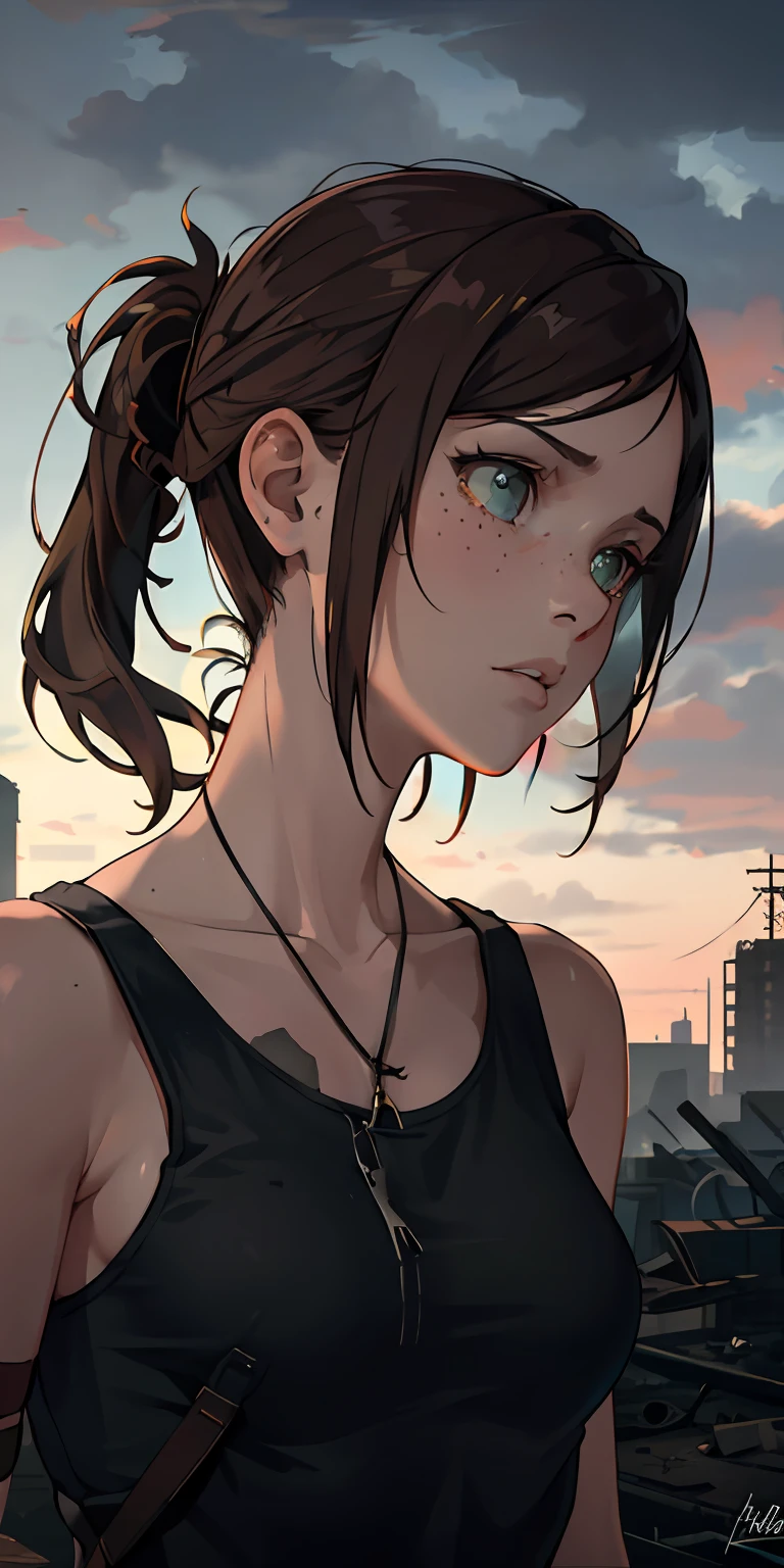 "Ellie from The Last of Us, a post-apocalyptic masterpiece with stunning visuals, intense emotion, and gripping storytelling. Please generate an ultra-realistic portrait of Ellie, capturing her determination, resilience, and strength. Highlight her signature features - piercing green eyes, auburn hair tied in a ponytail, freckles, and her distinctive tattoo on her arm. The background should convey the desolate beauty of the post-pandemic world, with crumbling buildings, overgrown nature, and hints of danger lurking. Make sure to evoke the gritty atmosphere and emotional depth of the game.+"