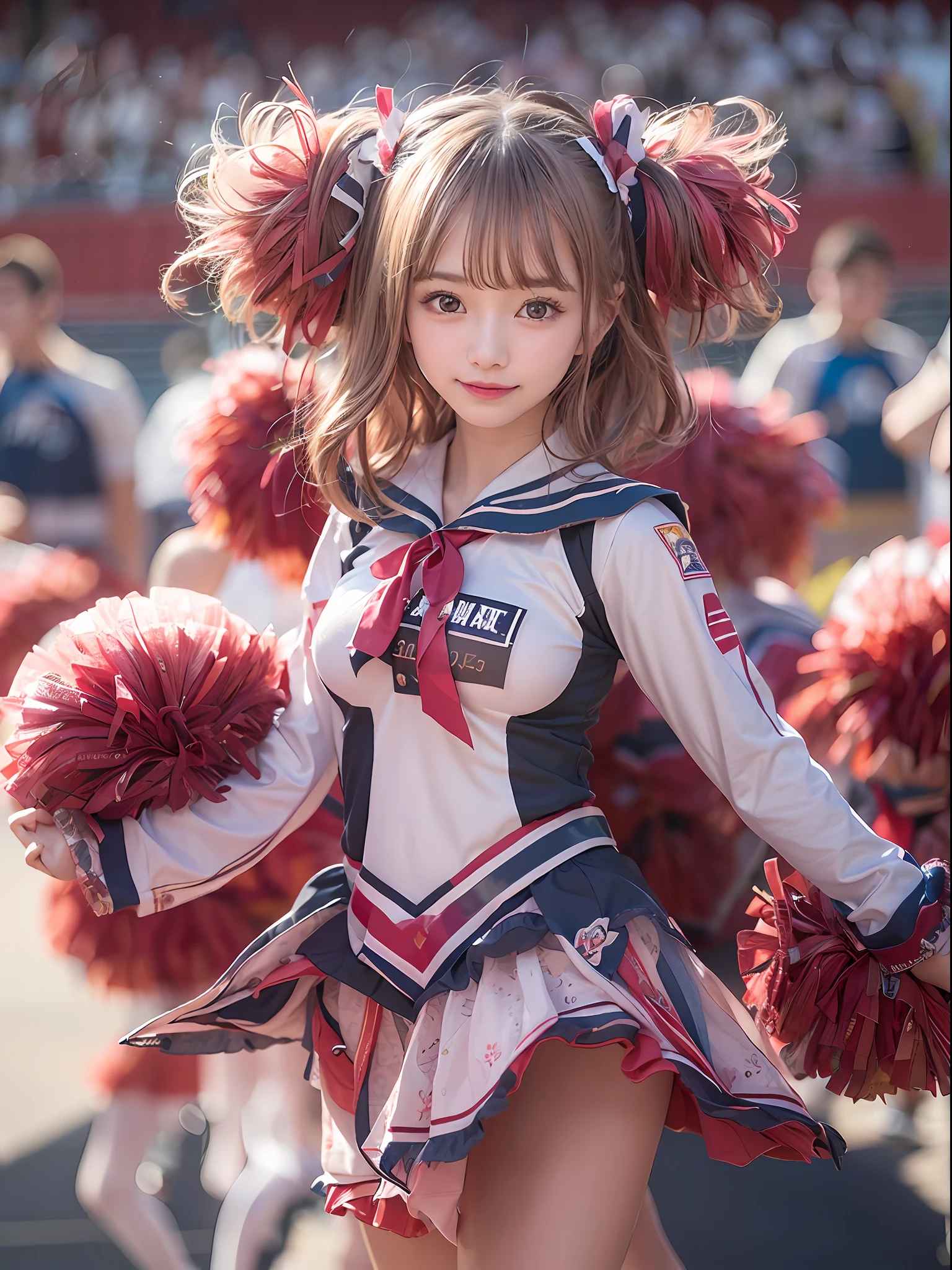 Alafed Asian cheerleaders posing dynamically with pom-poms in stadium:1 person:there is nobody else、A dark-haired、a closeup、cosplay foto、Anime Cosplay、very large breast、Realistic 18-year-old live shot, top-quality, hight resolution, (masterpiece), (Photorealsitic:1.4), professional photograpy, foco nítido, nffsw, 8K分辨率, intricate detailes, depth of fields, the Extremely Detailed CG Unity 8K Wallpapers, front lit, femele, girl with, beautiful supermodel, A smile、A slender、Small Cheer Uniform、Sailor suit style