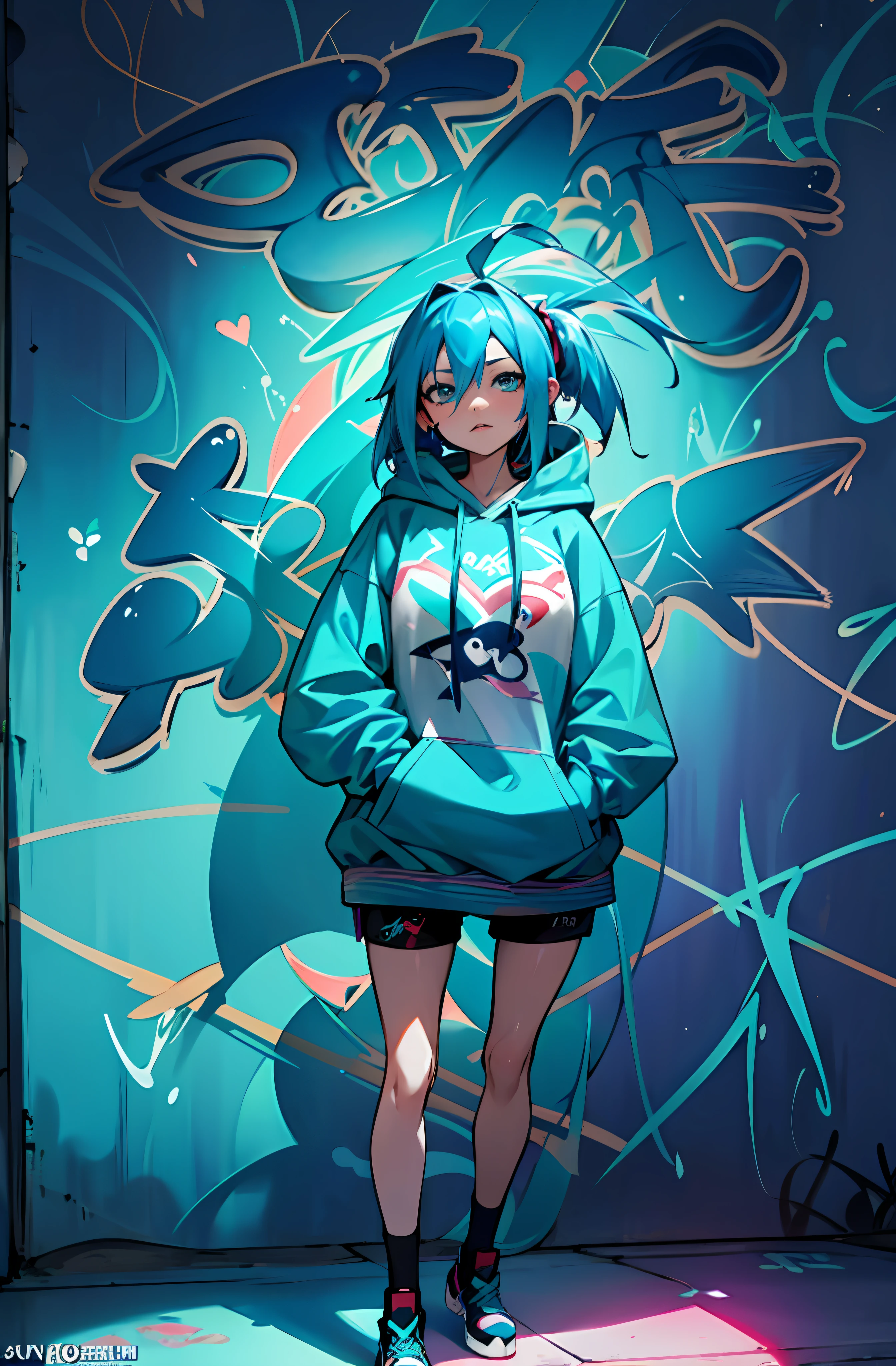 Alafed image of blue-haired and hoodie woman standing in front of graffiti wall, an anime drawing by Yuumei, trending on pixiv, Graffiti, anime art wallpaper 4k, anime art wallpaper 4k, Anime art wallpaper 8k, anime style 4 k, Anime girl with teal hair, 4 k manga wallpaper, anime wallpaper 4k