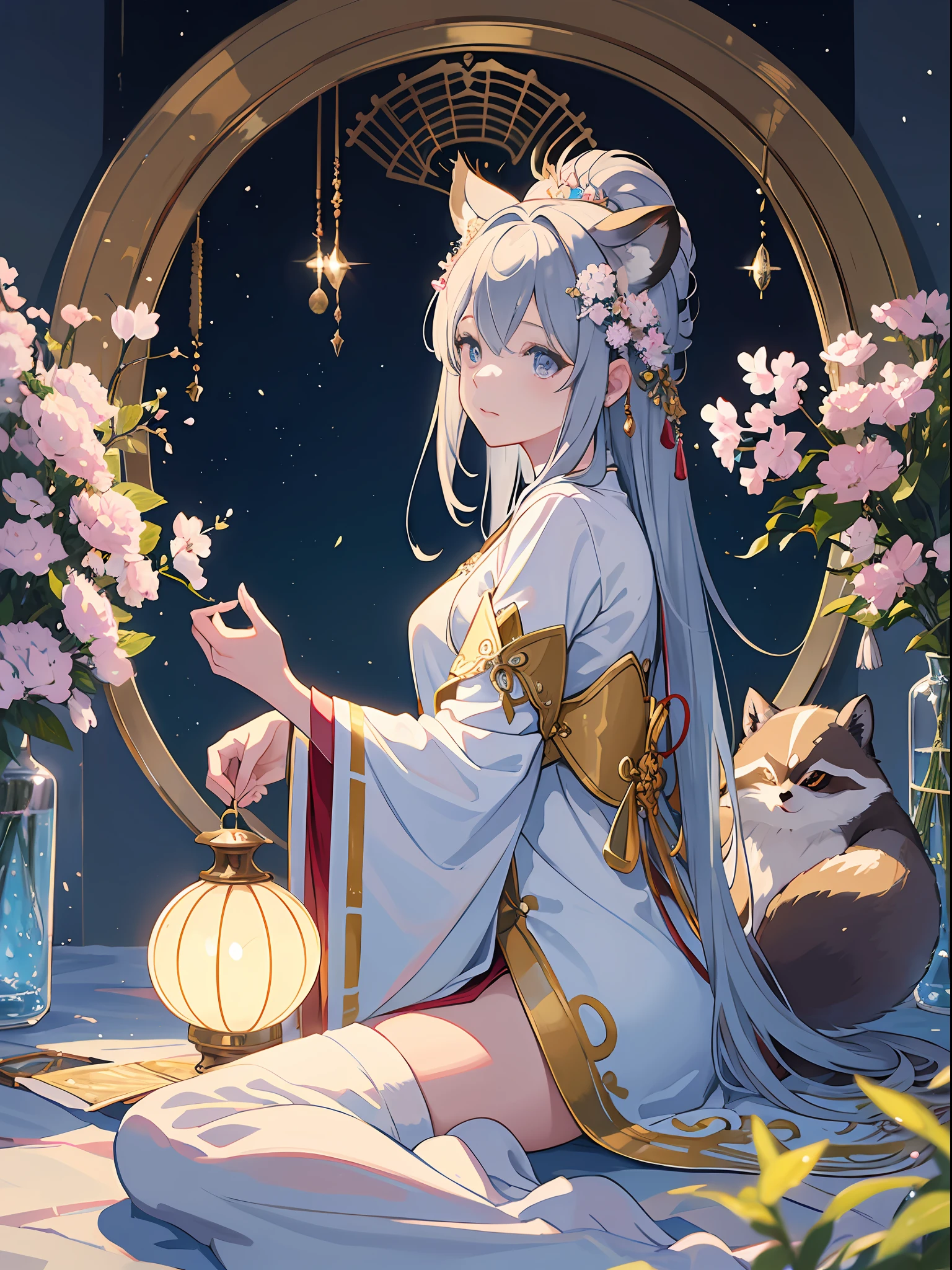 ((8K、​masterpiece、top-quality))、Sumi-e、ink and watercolor painting、Witches、Silver eyes、Silvery hair、Eyes that are sucked in、A charming expression、Traditional costumes、Tanuki ears、racoon tail、Beautiful light reflection、lensflare、Seasonal geometric patterns、(Sakura blizzard)、hortensia、Colored leaves、Snowflake、natural、the golden ratio、pastels、Soothing、Soft tones
