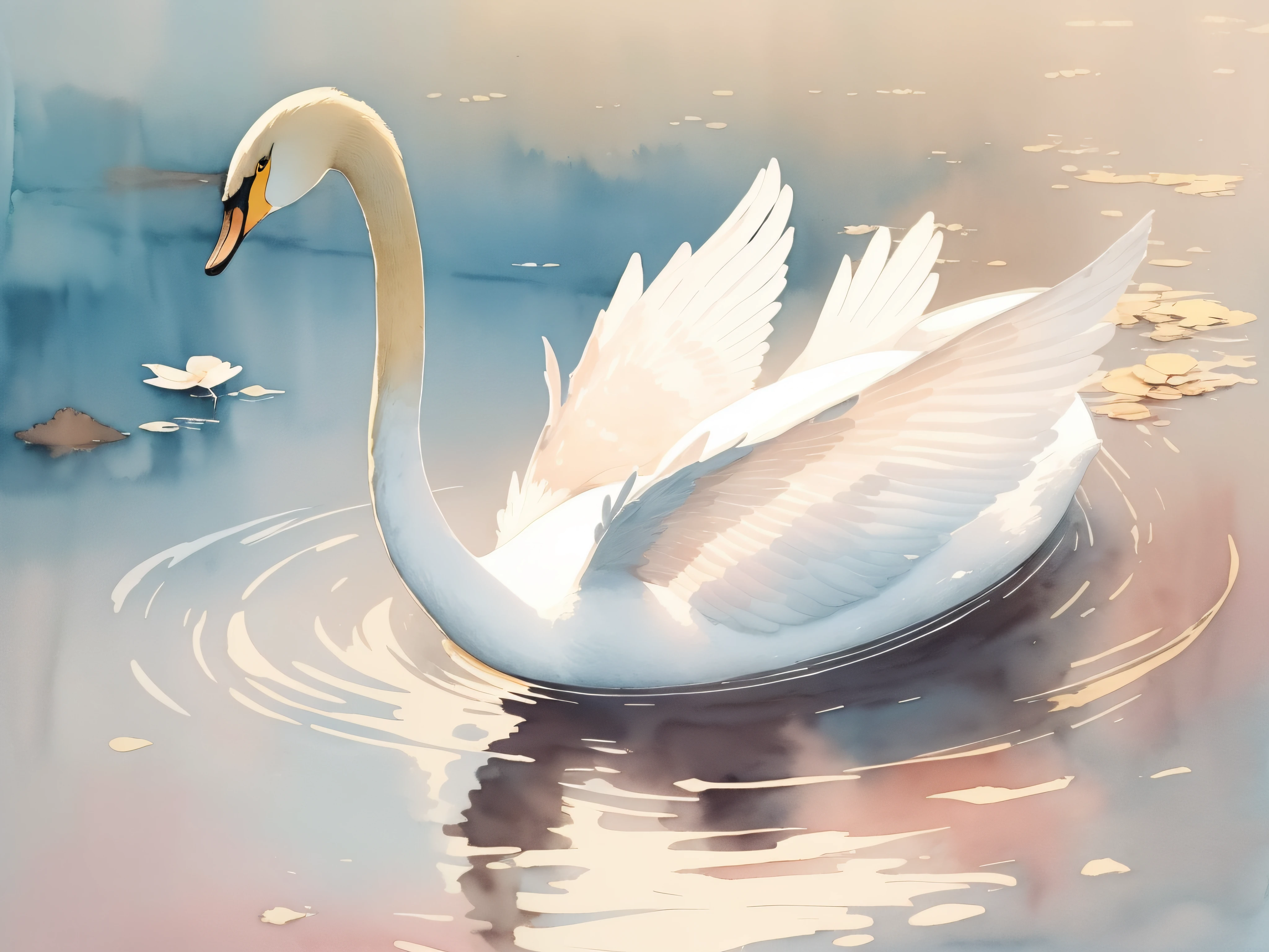 Watercolor swan painting isolated on white background、watercolor paiting、Splash technique to reproduce wet conditions、Blurry atmosphere、Unique composition、Abstract representation、Contains elements of surrealism、Pale tones、Pale pink and gold color scheme、high resolution details、Ink splash effect、Pale colors。