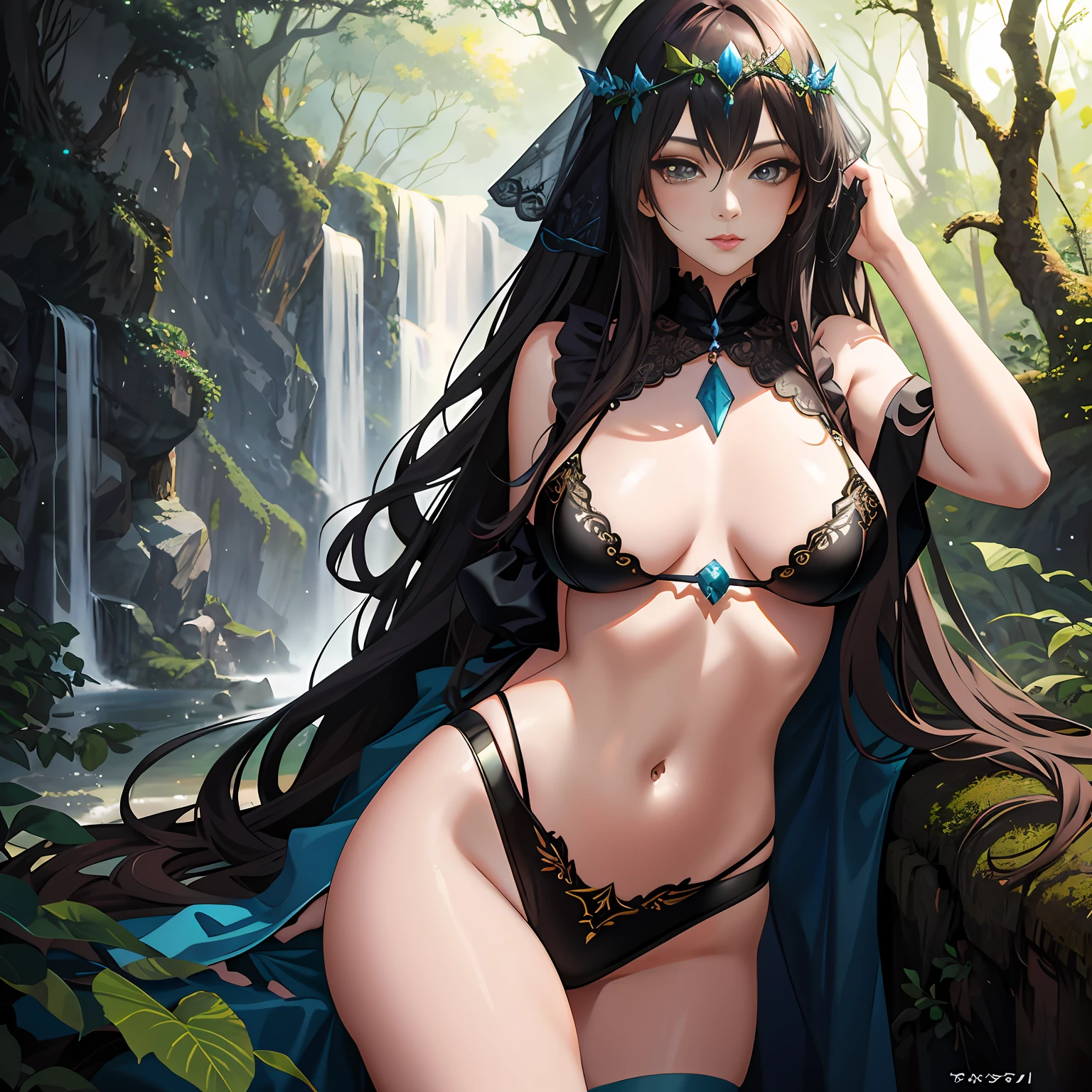 Sexy woman posing in forest of waterfall, beautiful and seductive anime woman, seductive anime girls, a sexy maid in a magical forest, Fantasy Woman, Fantasy art style, Sexy girl, digital fantasy art ), beautiful fantasy maiden, karol bak uhd, Realistic fantasy artwork, beautiful fantasy art, amazing fantasy art, hd fantasy art, WLOP Art