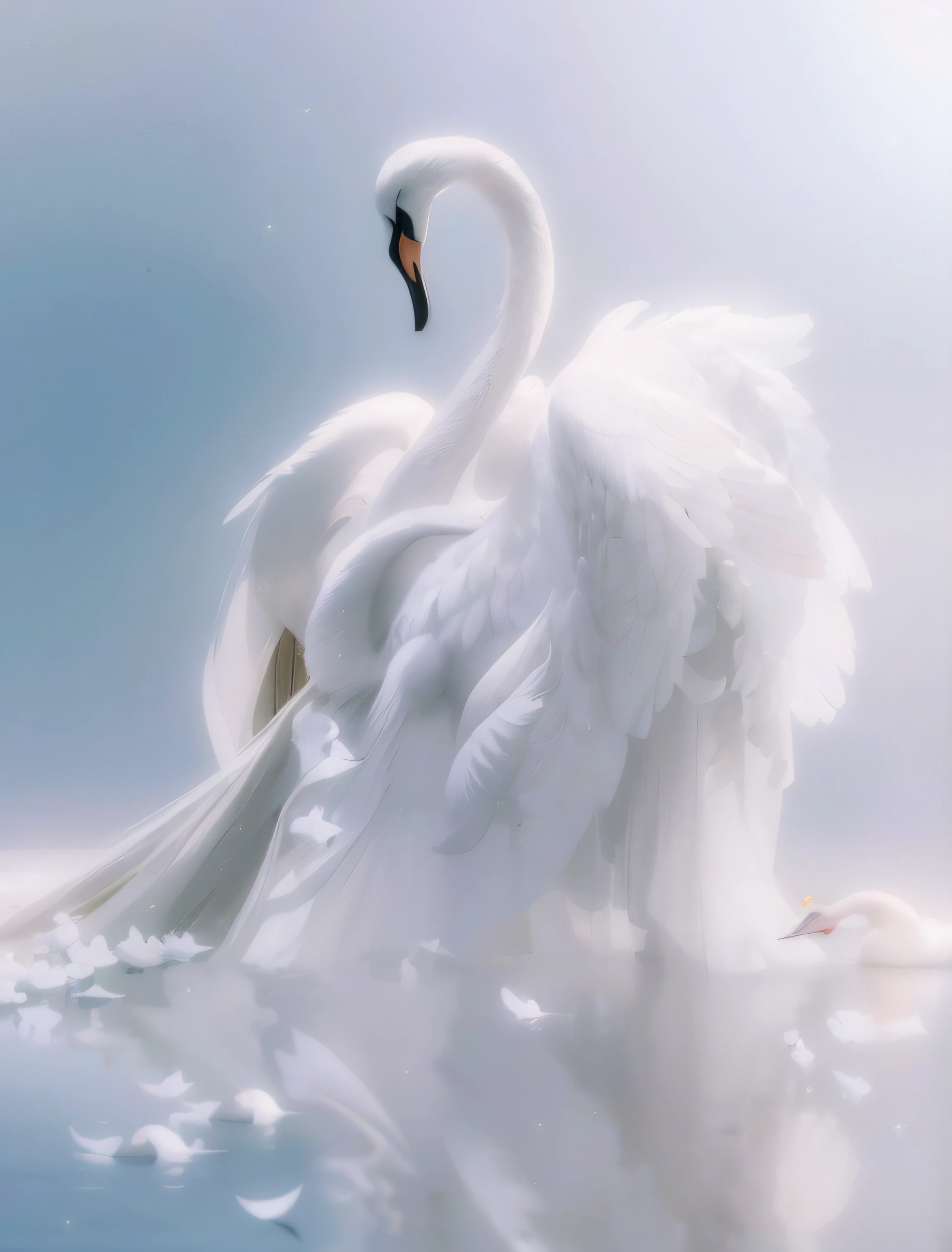 There is a white swan standing in the water, beautiful and graceful, tranquil and graceful, wings of a swan, swans, extremely beautiful and ethereal, Ethereal beauty, Elegant and graceful, Classy and Elegant, Beautiful and elegant, Elegant beauty, beautiful opened wings, beautiful angel, very beautiful and elegant, White feathers, detailed white, swans, very beautiful photograph of
