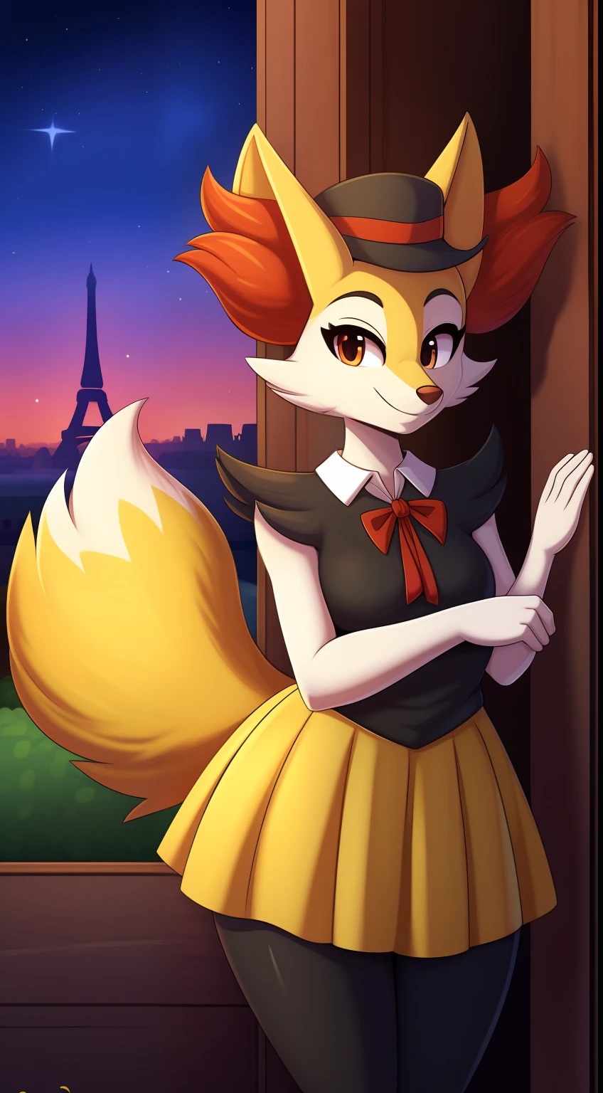 Braixen, obra maestra mejor calidad, estilo de arte de misosouperstar, de noche, publico, fondo de la torre eiffel, luz, vestido de gala negro con estrellas blancas , chubby, hermosa, joven, gafas,sonriente, pechos medianos, caderas anchas,alegre,iluminacion hermosa,french hat,