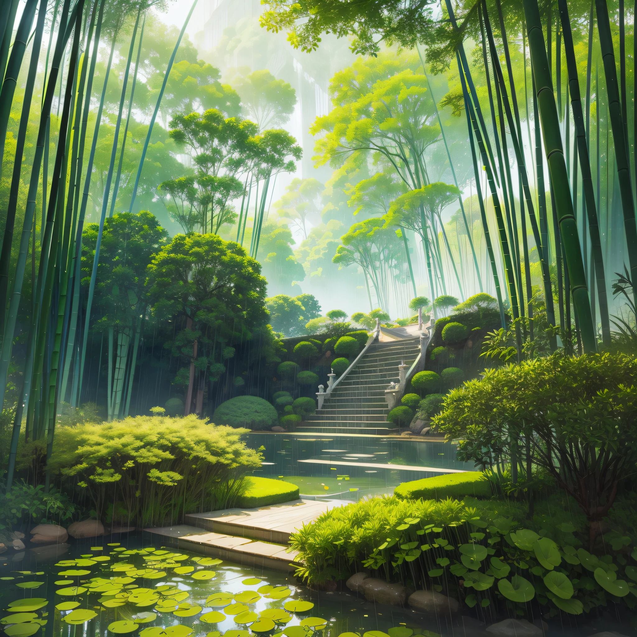 Pure landscape view、bamboo forrest、It was raining in the bamboo forest、bamboos、Bamboo leaves fall everywhere、Beautiful artistic conception、Green、The steps are clearly visible、China-style、Chinese characteristics、Pond lotus、