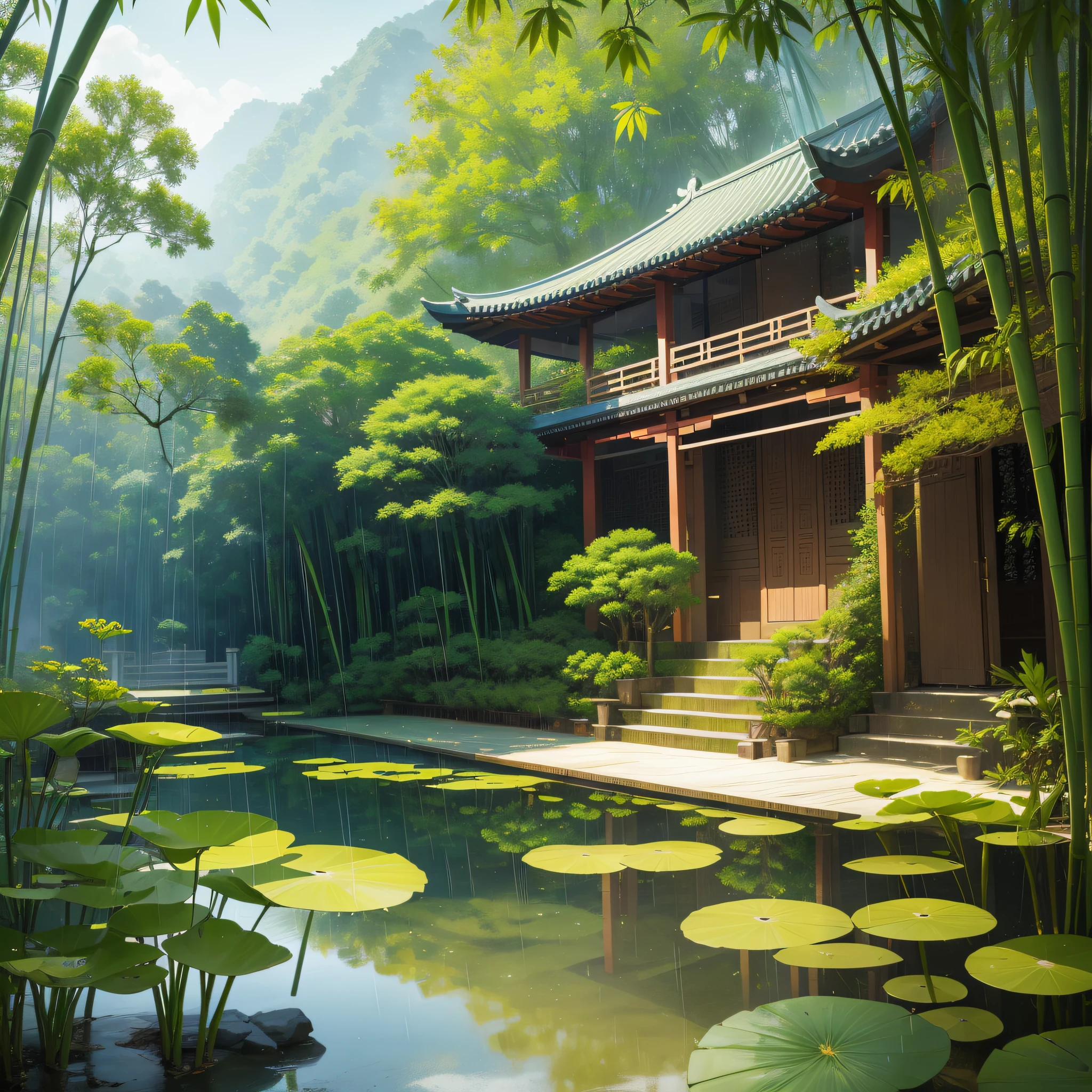 Pure landscape view、bamboo forrest、It was raining in the bamboo forest、bamboos、Bamboo leaves fall everywhere、Beautiful artistic conception、Green、The steps are clearly visible、China-style、Chinese characteristics、Pond lotus、