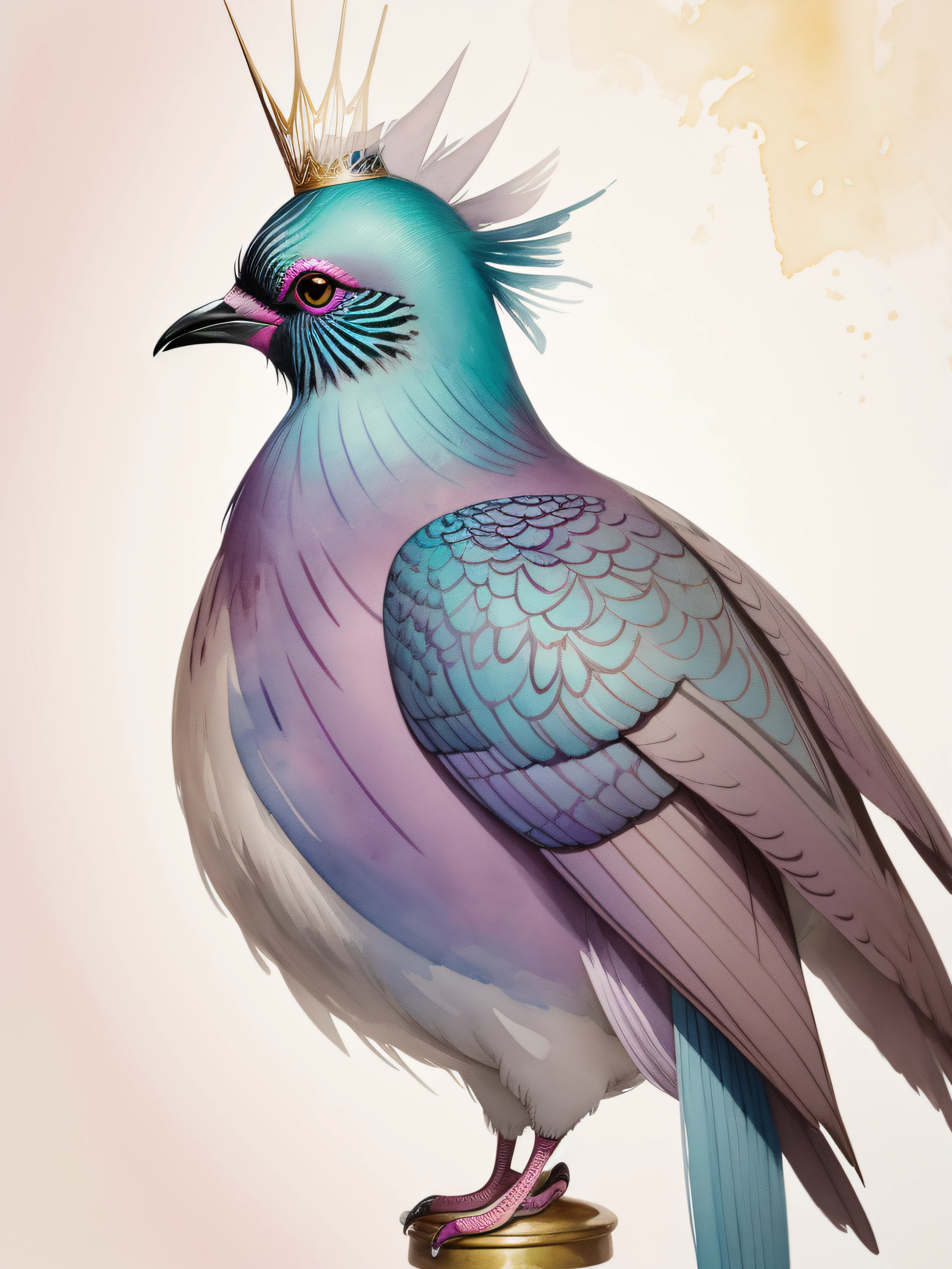 Watercolor Victoria crowned pigeon painting isolated on white background、watercolor paiting、Splash technique to reproduce wet conditions、Blurry atmosphere、Unique composition、Abstract representation、Contains elements of surrealism、Pale tones、Pale pink and gold color scheme、high resolution details、Ink splash effect、Pale colors。