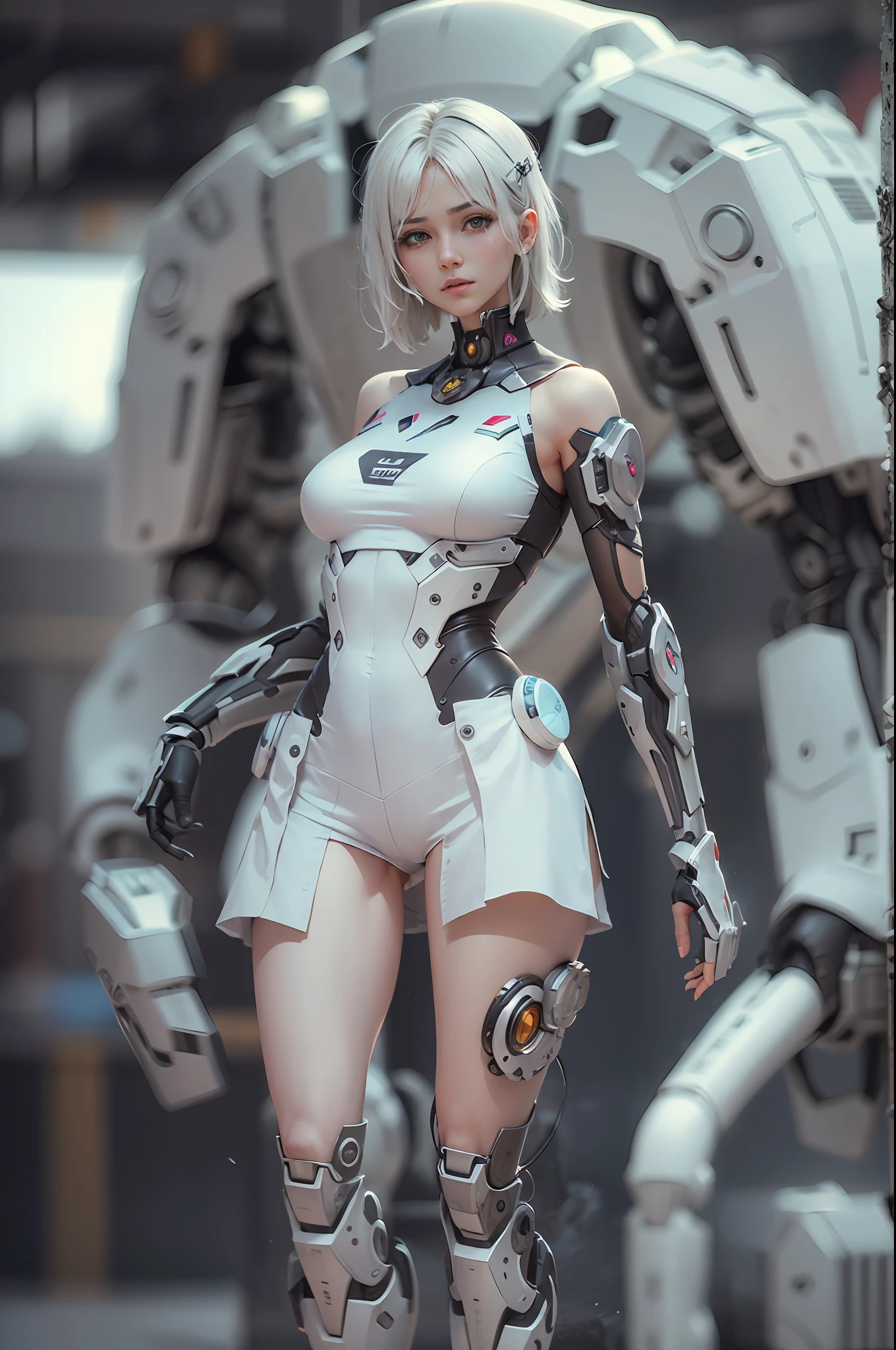 (10, masterpiece, bestquality), ultra-detail, Beautiful eyes with beautiful details, beautiful detailed face, High Quality, high-res, beautiful hairstyle, Realistic eyes, beautiful detail eyes, (Realistic skin), face facing audience, Robot girl wearing sexy dress, enormous breasts, Clear white tights, mecha, ruins, single, empty eyes, expressionless, short white hair, Mechanical prostheses, Mechanical legs, Knee dagger, stand, Sexy, unreal 5, Full Shot Angle, --auto --s2