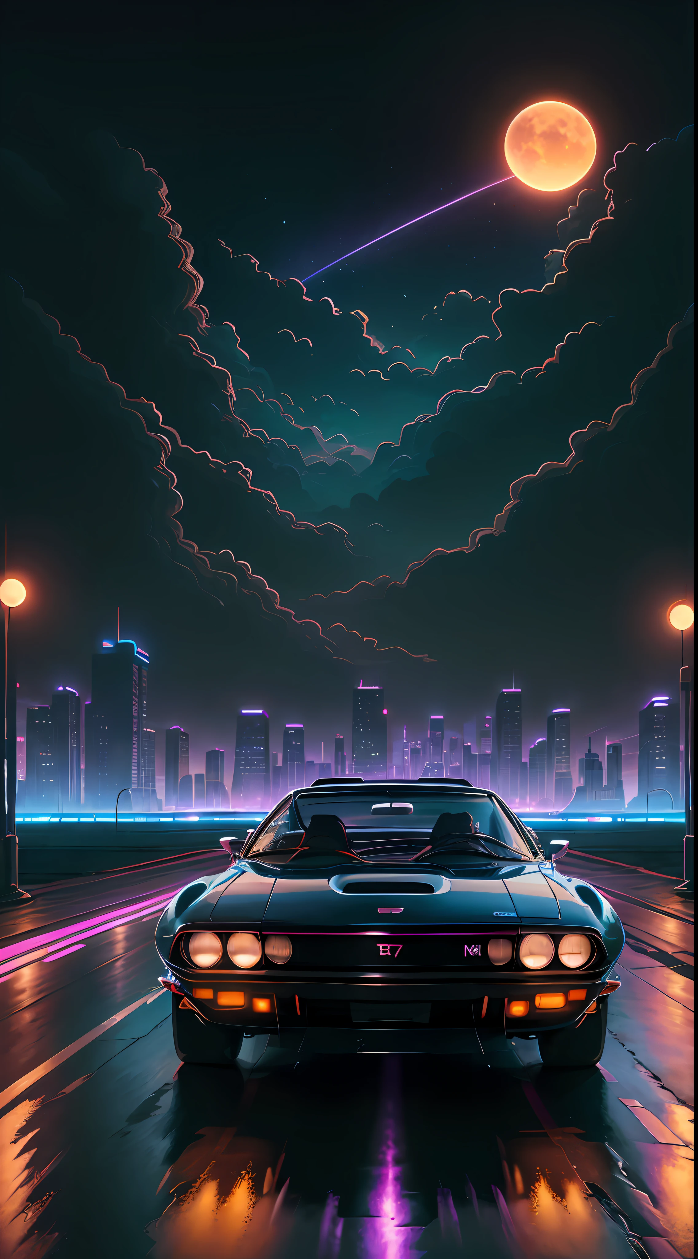 Return wave. City, 1969 Nissan S30, Wide-body kit, road, purple neon, Sun, a closeup of a
(Masterpiece, Detailed, High Resolution),