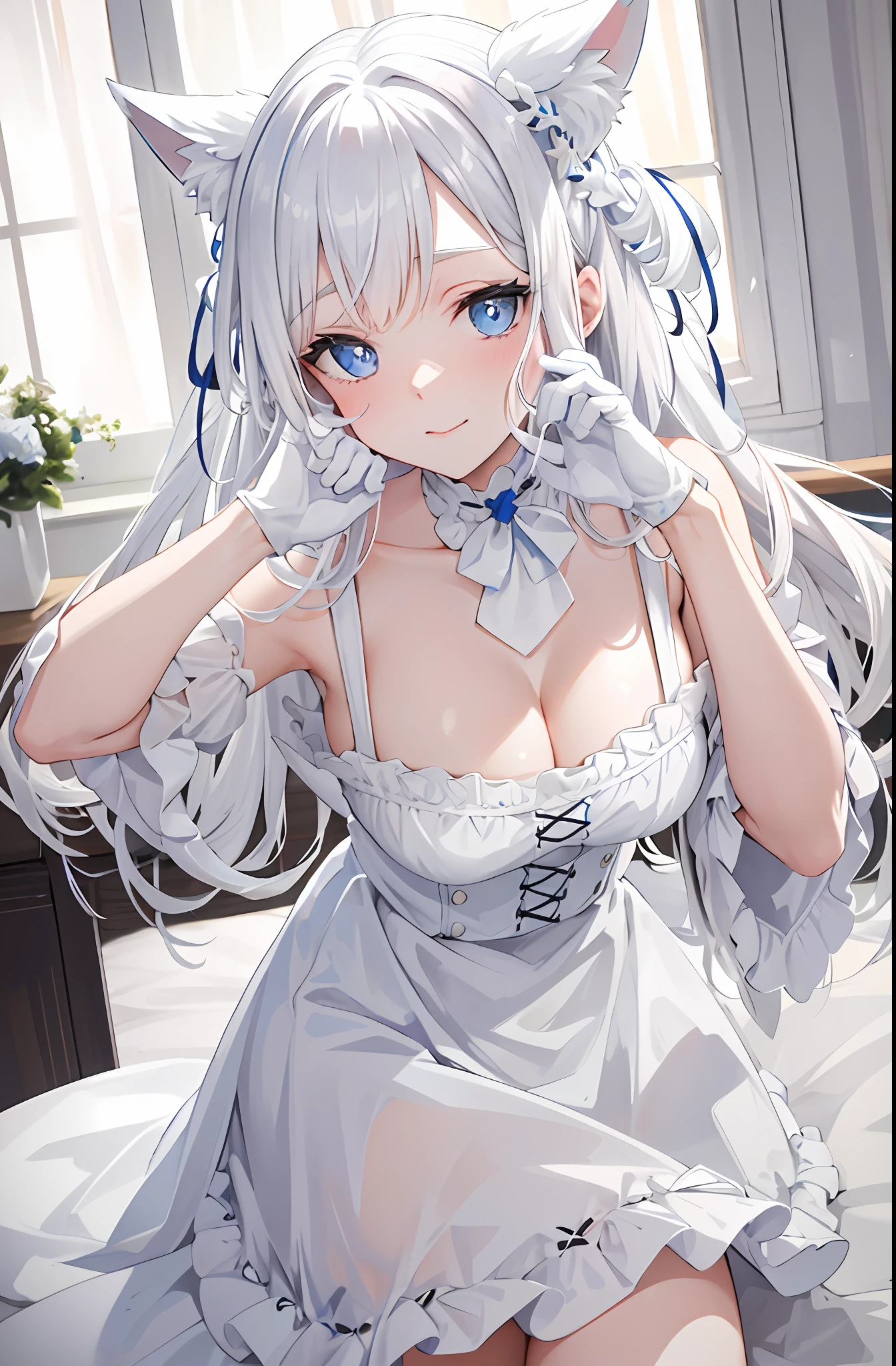 Lazy wind，wide blue eyes，White hair，Dull hair，Beast-eared maiden，White tones，sitted，1girll，Solo，adolable，white dresses，Big hazy eyes，Facial details are exquisite，Beth，onbed，Impeccable，Cute pose，Plush cat's paw gloves，Shy laugh，The complexion is reddish