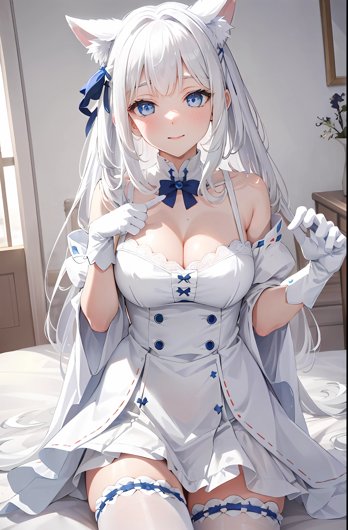 Lazy wind，wide blue eyes，White hair，Dull hair，Beast-eared maiden，White tones，sitted，1girll，Solo，adolable，white dresses，Big hazy eyes，Facial details are exquisite，Beth，onbed，Impeccable，Cute pose，Plush cat's paw gloves，Shy laugh，The complexion is reddish