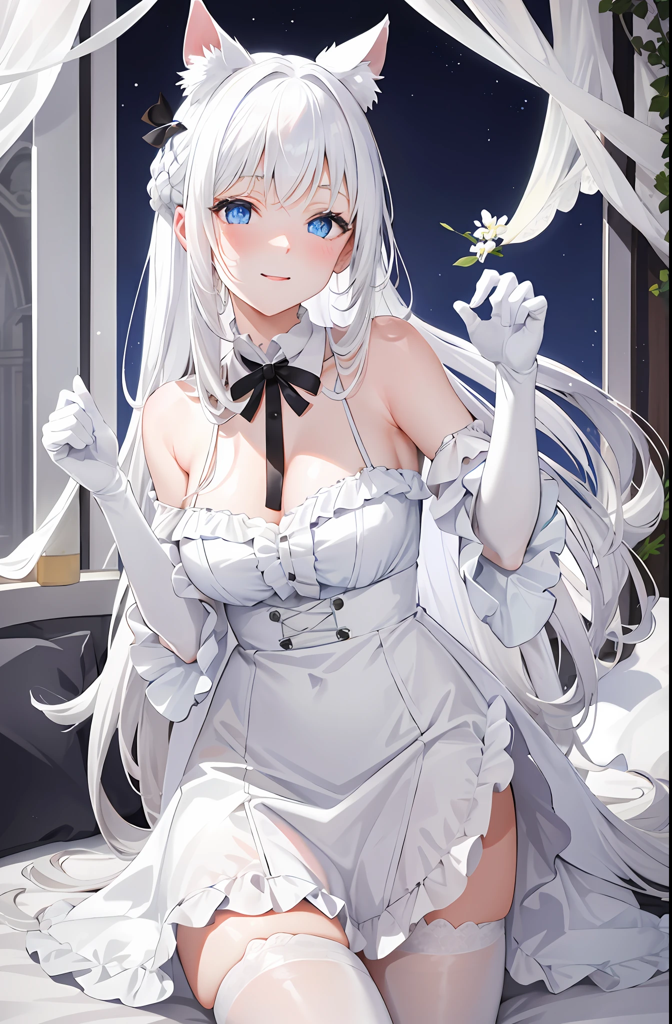 Lazy wind，wide blue eyes，White hair，Dull hair，Beast-eared maiden，White tones，sitted，1girll，Solo，adolable，white dresses，Big hazy eyes，Facial details are exquisite，Beth，onbed，Impeccable，Cute pose，Plush cat's paw gloves，Shy laugh，The complexion is reddish