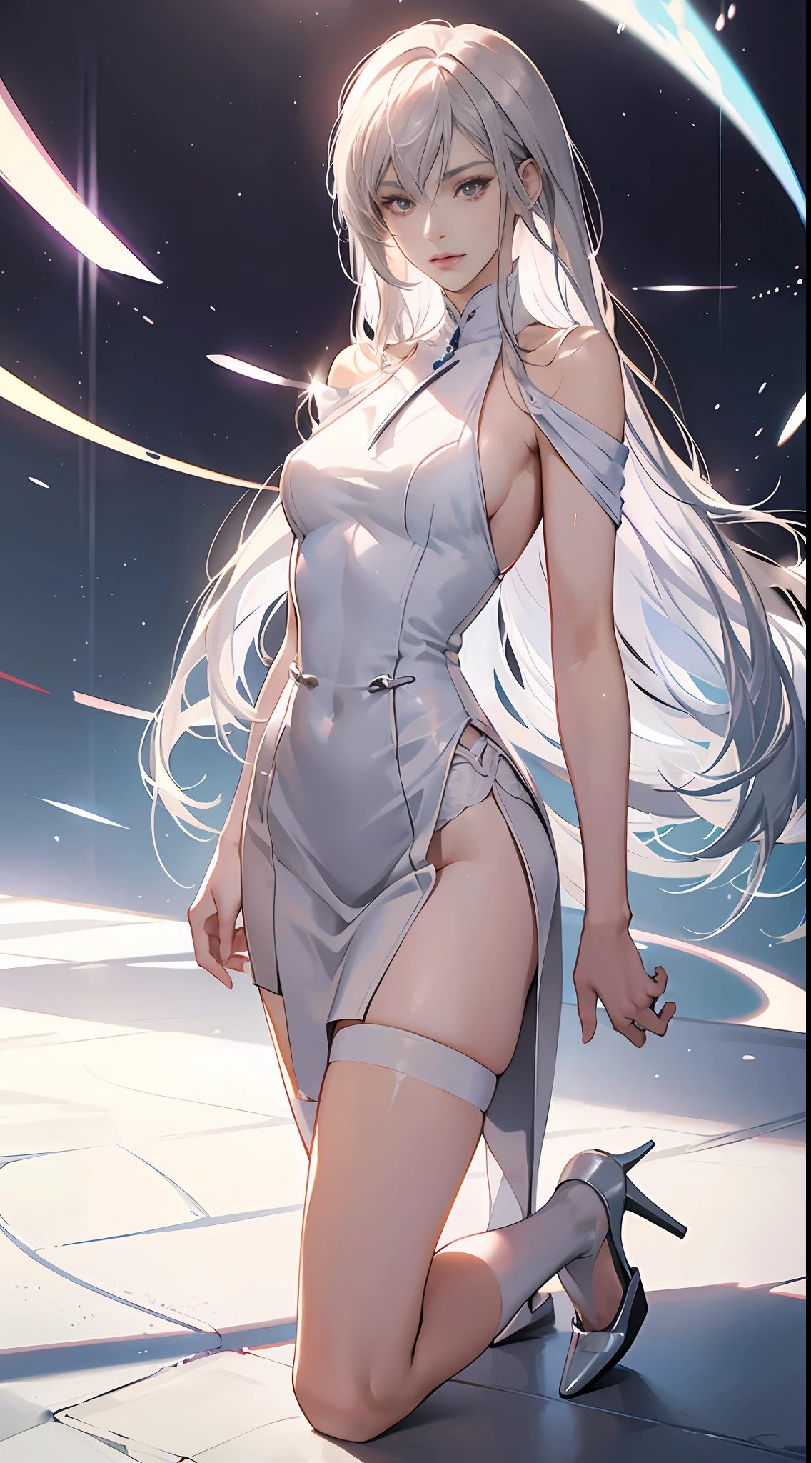 Shinkai Makoto-style heroine,Cinematic lighting effects,Long silver-white hair,white stockings,Thin leg,Long legs,Stiletto heels,(Ultra photo realsisim:1.4)((hyper realistic face))Affectionate look,Moist body,Gentle woman --auto