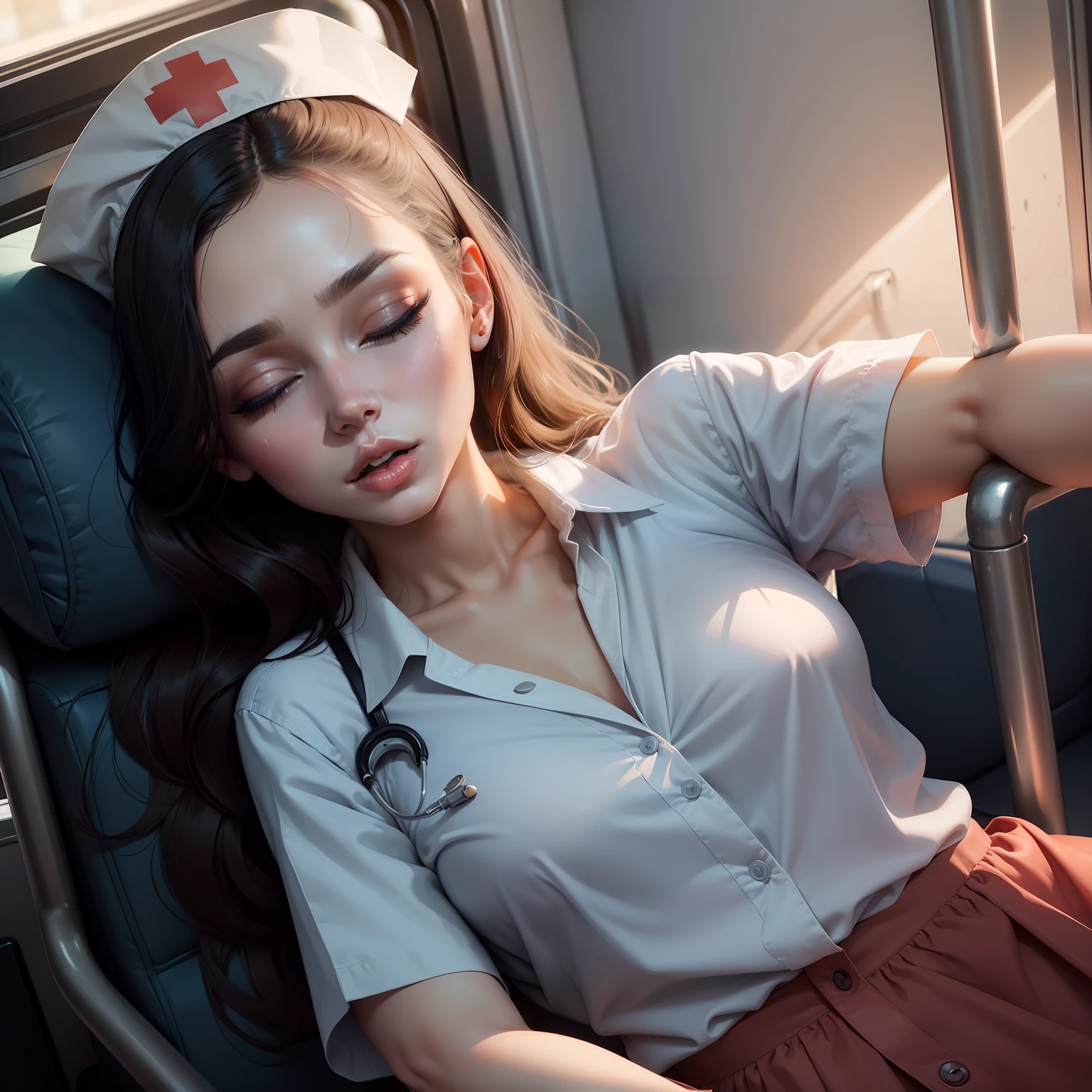 1 beautiful woman, made up face, beautiful body, long eyelashes, painted eyelids, dressed as a nurse, sleeping with her mouth open, sleeping on the bus.
