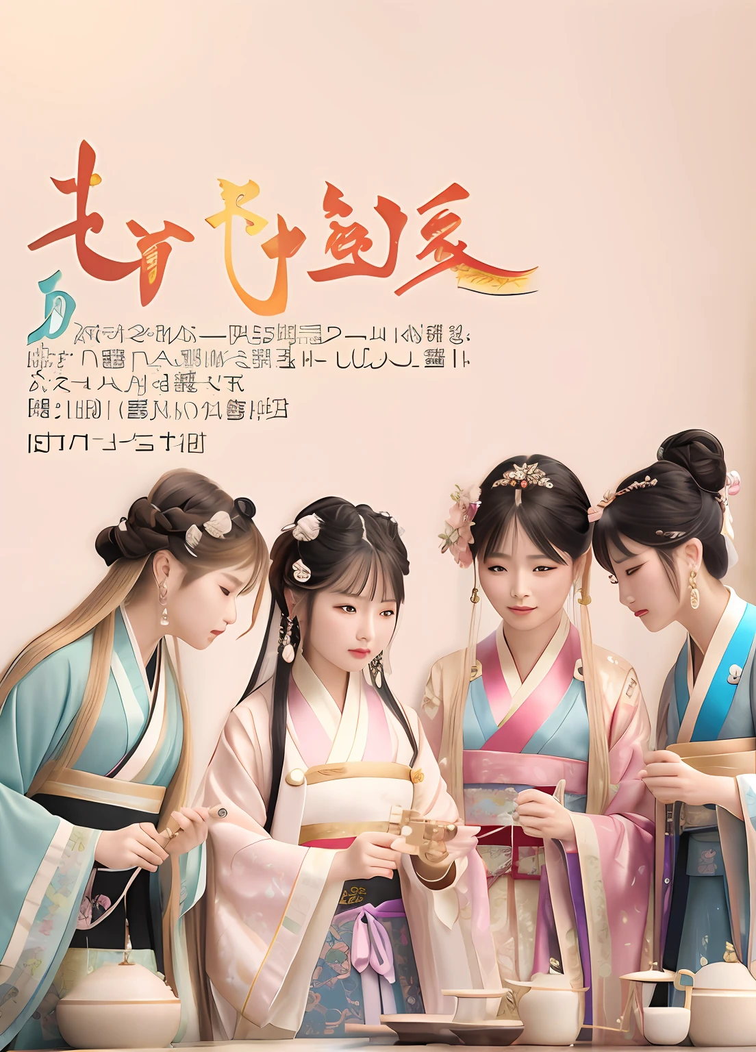 （Gorgeous costumes with rich details:1.5）Three women dressed in Hanfu fiddle with handicrafts on a table，2 girls with long hair shawls，Gorgeous Hanfu，More realistic long hair，Delicate earrings， ultra-realistic realism， 8K， super detailing， ccurate， best qualtiy
