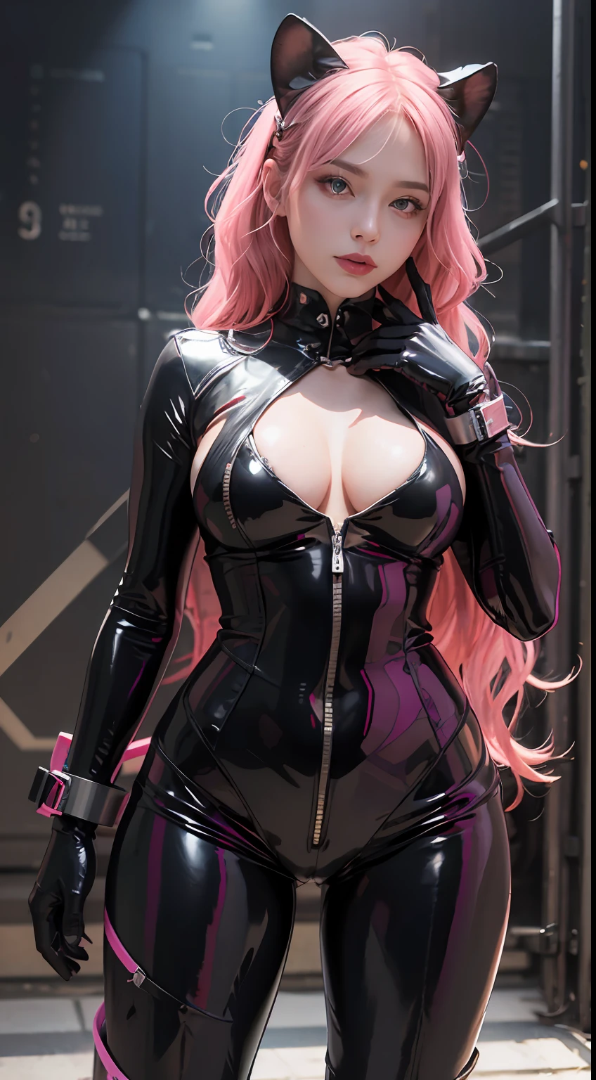 solo, super fine photo, portrait Unreal Engine 5 8K UHD of beautiful girl in a skin tight black latex outfit, slick black catsuit, black iconic character, smooth pink hair, black body, PVC, some black, futuristic glossy latex suit, rubber suit, rubber belts, collar, rubber glove, rubber high boots, arm and leg cuffs, straps, best quality, masterpiece, official art, unified 8k wallpaper, super detailed, sharp focus, dynamic pose, body parts, no extra limbs, precisely anatomy