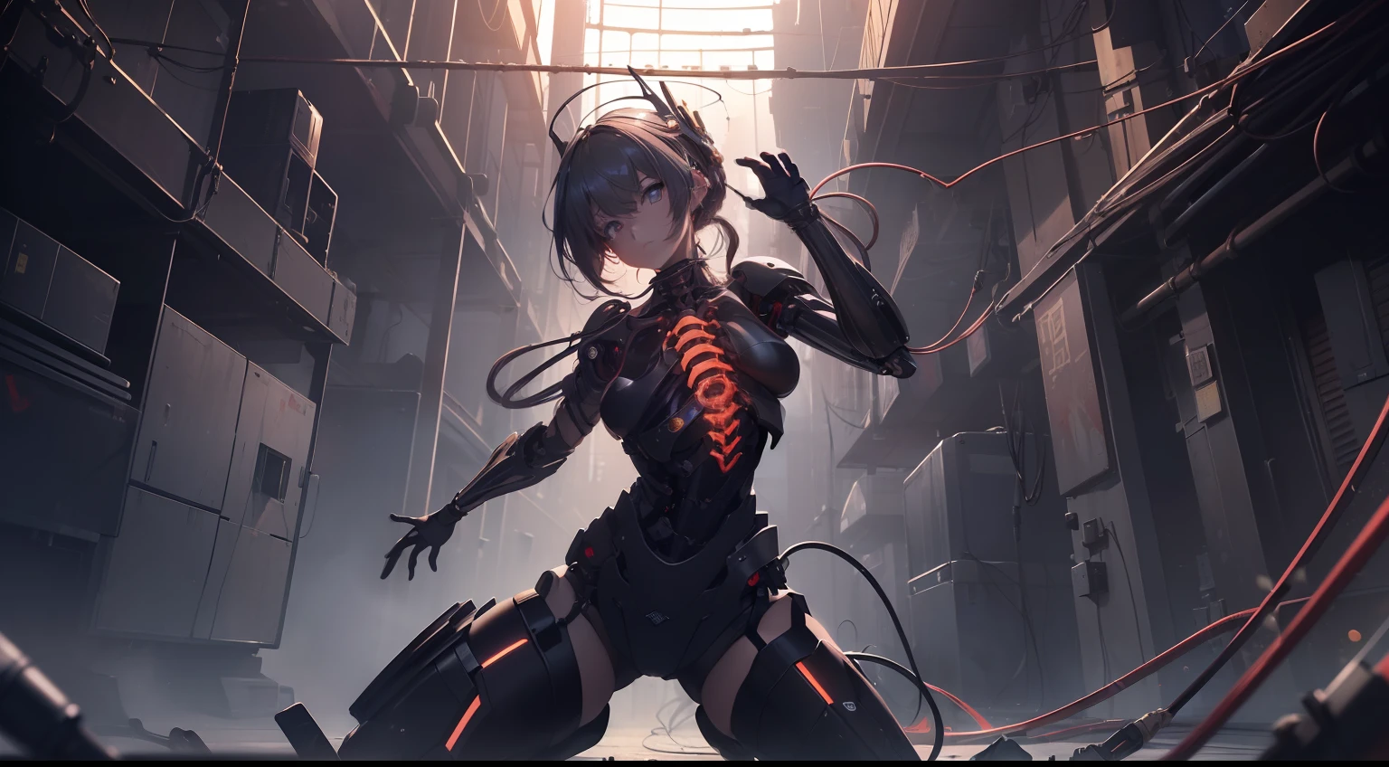(((masterpiece))), ((best quality)), ((ultra-detailed)), (CG illustration), (an extremely devious and beautiful)), cinematic light, ((1 mechanical girl)), single, full, (machine-made joints: 1.4), ((mechanical limb)), ( blood vessels attached to the tube), ((mechanical spine attached to the back)), ((mechanical cervical vertebrae attached to the neck), ((combat stance)), expressionless, (wires and cables attached to the head and body: 1.5), (character focus), science fiction, apocalypse, glow