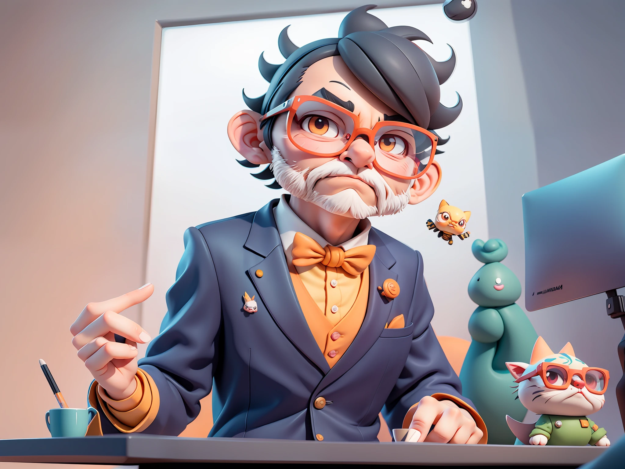 A young man in formal clothes，Short hair and glasses，Sitting at your desk，holding laptop，digitial painting，cartoonish style，4K HD illustration，Very detailed facial features，tigre，Mark Clairdon，by Pixar，3D character design：Hayao Miyazaki and Akira Toriyama, Cartoon-style visuals。