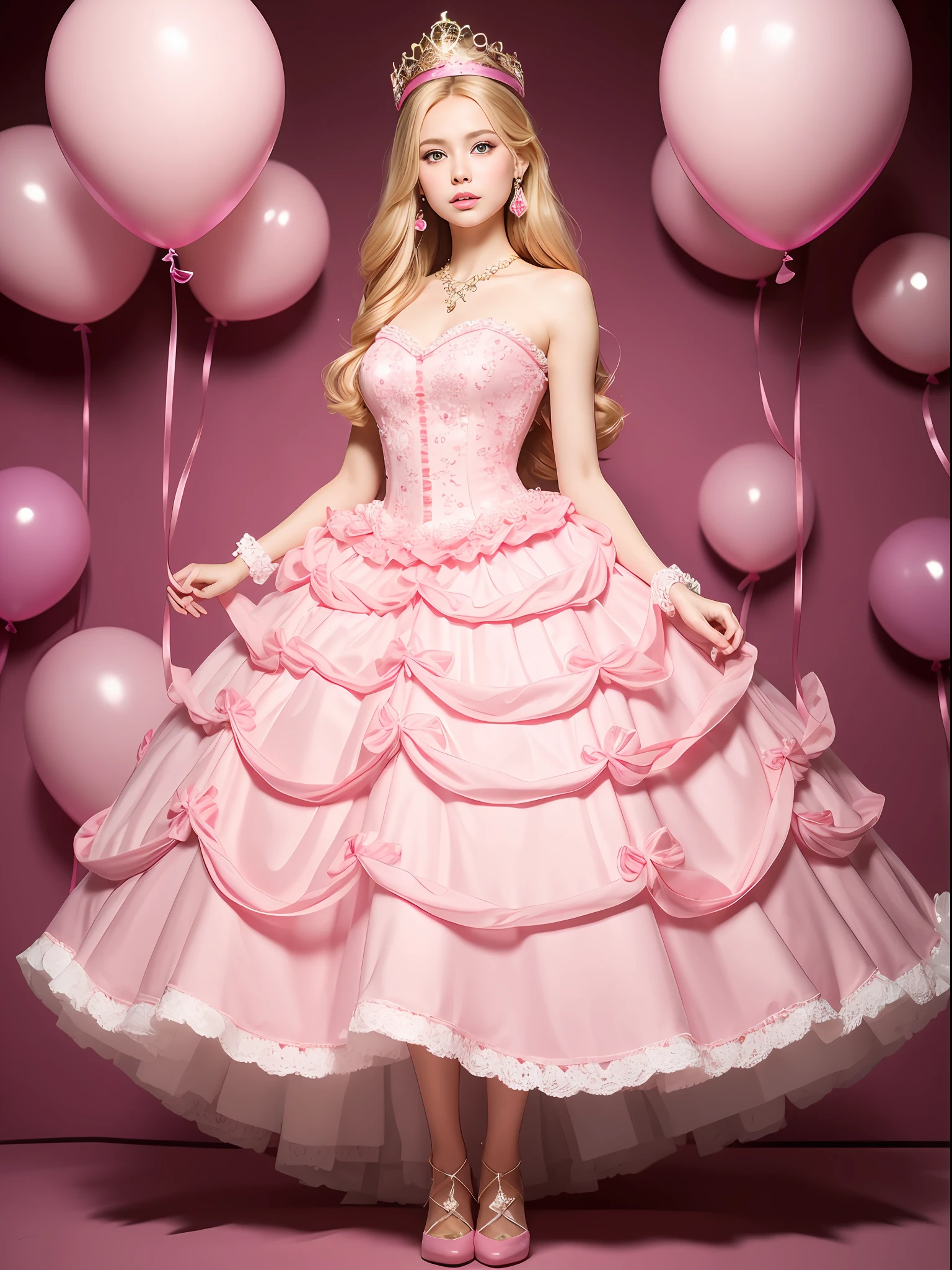 A Barbie princess wearing a lovely pink dress, wearing a beautiful crown, an indoor photography of a labyrinth of monumental, inflated pink balloons, an art installation by Martin Creed, ((Full body shot)), pink background, delicate face, white skin, delicate facial features, perfect facial features, delicate hair portrayal, delicate eyes portrayal, 8k picture quality, atmosphere sense, the highest quality, masterwork, extreme detail, high resolution, blurry foreground, foreshortening, high quality, Masterpiece, best quality