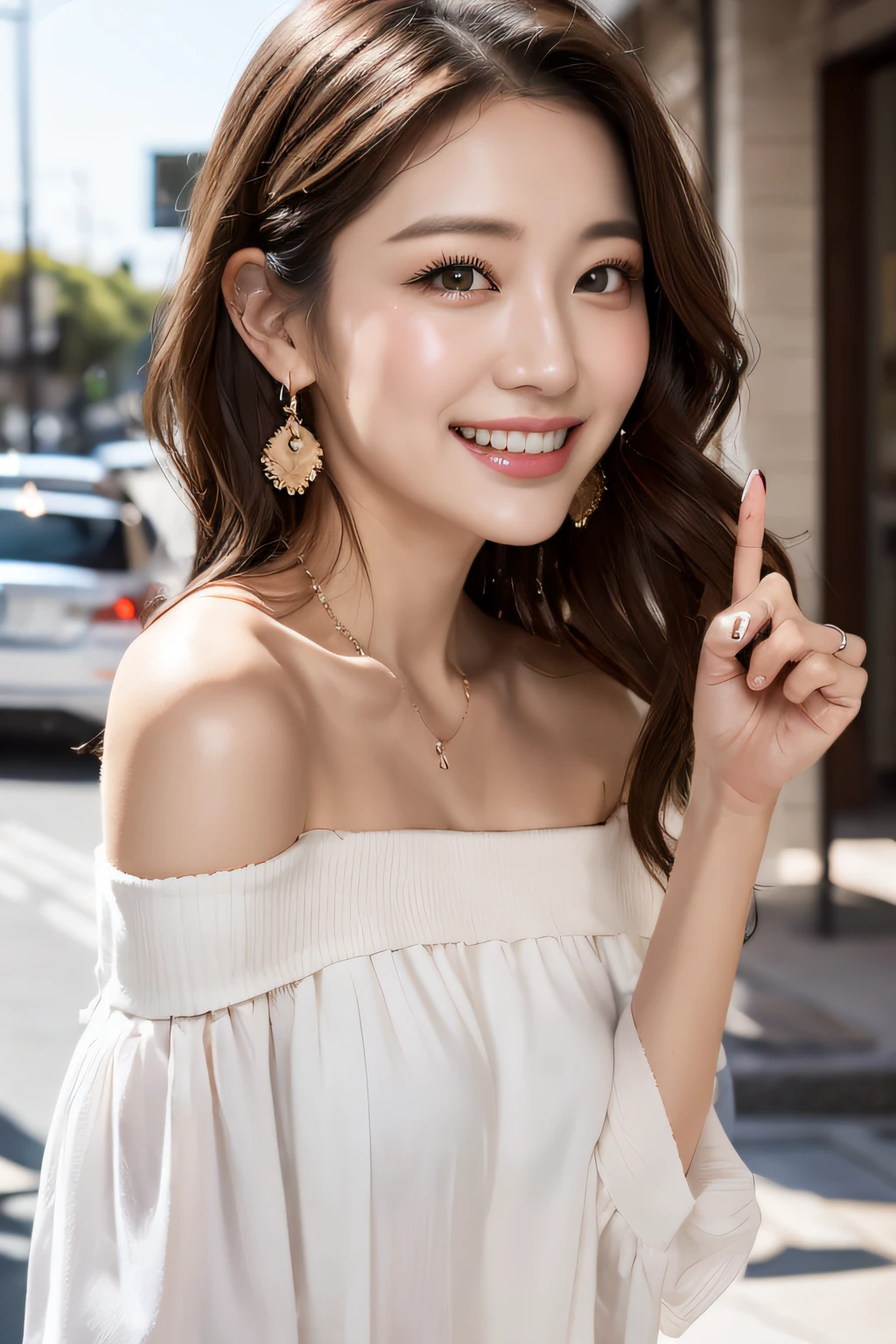 (masterpiece:1.3), high resolution, ultra detailed, extremely detailed CG unity 8k wallpaper, realistic, photo-realistic, RAW photo, beautiful detailed face, pale skin, realistic glistening skin, detailed cloth texture, detailed hair texture, Perfect Style, Beautiful Face, accurate, Anatomically correct, Highly detailed face and skin texture, natural neck length, (thin and beautiful fingers), 
BREAK, 
Detailed eyes, symmetric eyes, Brown eyes, Double eyelids, Thin eyebrows, (Glossy lips:1.4), (grin:1.2), (blush)
BREAK, 
((Innocent and Cute girl:1.3)), ((wearing a off-shoulder White blouse:1.4)), (beautiful clavicle), (Gold strings belt), (skinny pants:1.2), (cross strap high heels:1.2), 
(necklace, bracelet), (clutch bag over shoulder:1.2), (Thin hoop earrings), (pinky ring), (beautiful blue nails), 
BREAK, 
Layered Hairstyle, (brown hair:1.2), (wavy hair:1.2), medium long hair, 
(large breasts, firm breast, nicely shaped breasts:1.1), 
BREAK, 
((Standing with bring her finger on her lips:1.3)), (in wide seaside street), (looking at viewer:1.2)
BREAK, 
(Cowboy shot:1.2), (Focus on face:1.2), (from side:1.1),