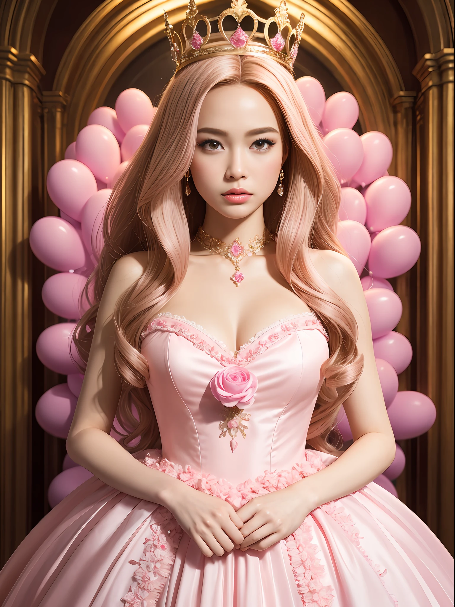 A Barbie princess wearing a lovely pink dress, wearing a beautiful crown, an indoor photography of a labyrinth of monumental, inflated pink balloons, an art installation by Martin Creed, ((Full body shot)), pink background, delicate face, white skin, delicate facial features, perfect facial features, delicate hair portrayal, delicate eyes portrayal, 8k picture quality, atmosphere sense, the highest quality, masterwork, extreme detail, high resolution, blurry foreground, foreshortening, high quality, Masterpiece, best quality