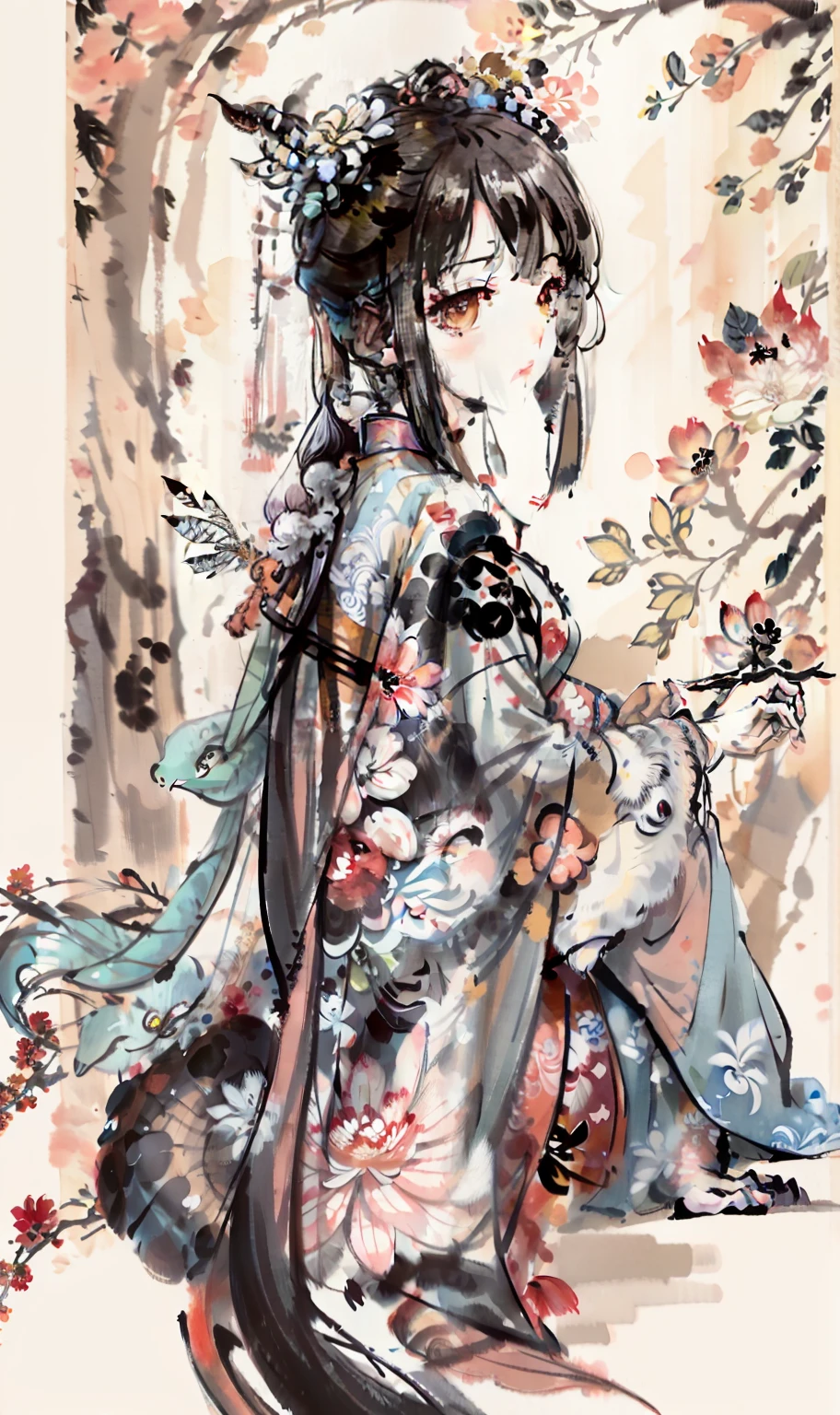 There is a painting of dragonflies on flowers，Chinese Beauty，Middle Metaverse，TRADITIONAL CHINESE COSTUMES，Inspired by Qi Baishi，qi baishi style，inspired by Wu Changshuo，Wu Guanzhong，zhang daqian，China ink painting，，Traditional Chinese painting，Tradition Chinese Ink Painting ，Best Picture Quality，Perfect face，high-definition picture quality
