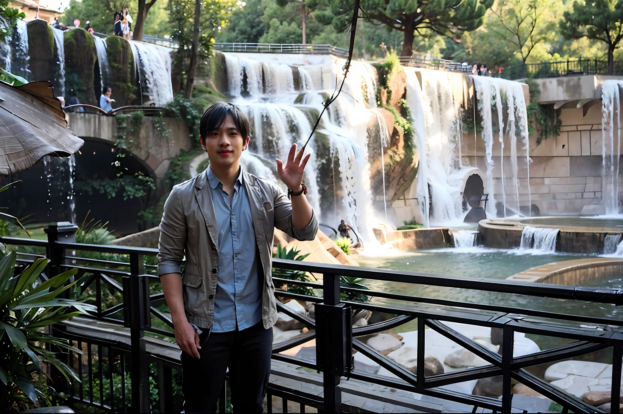 In front of the waterfall stands a handsome Asian man,There are mountains and water in the background,The man stands in the middle