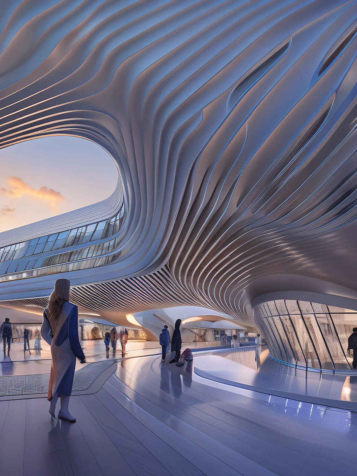 best quality, masterpiece, people, clear sky, sunset or dawn,city center, rain, zaha hadid, curve, flow